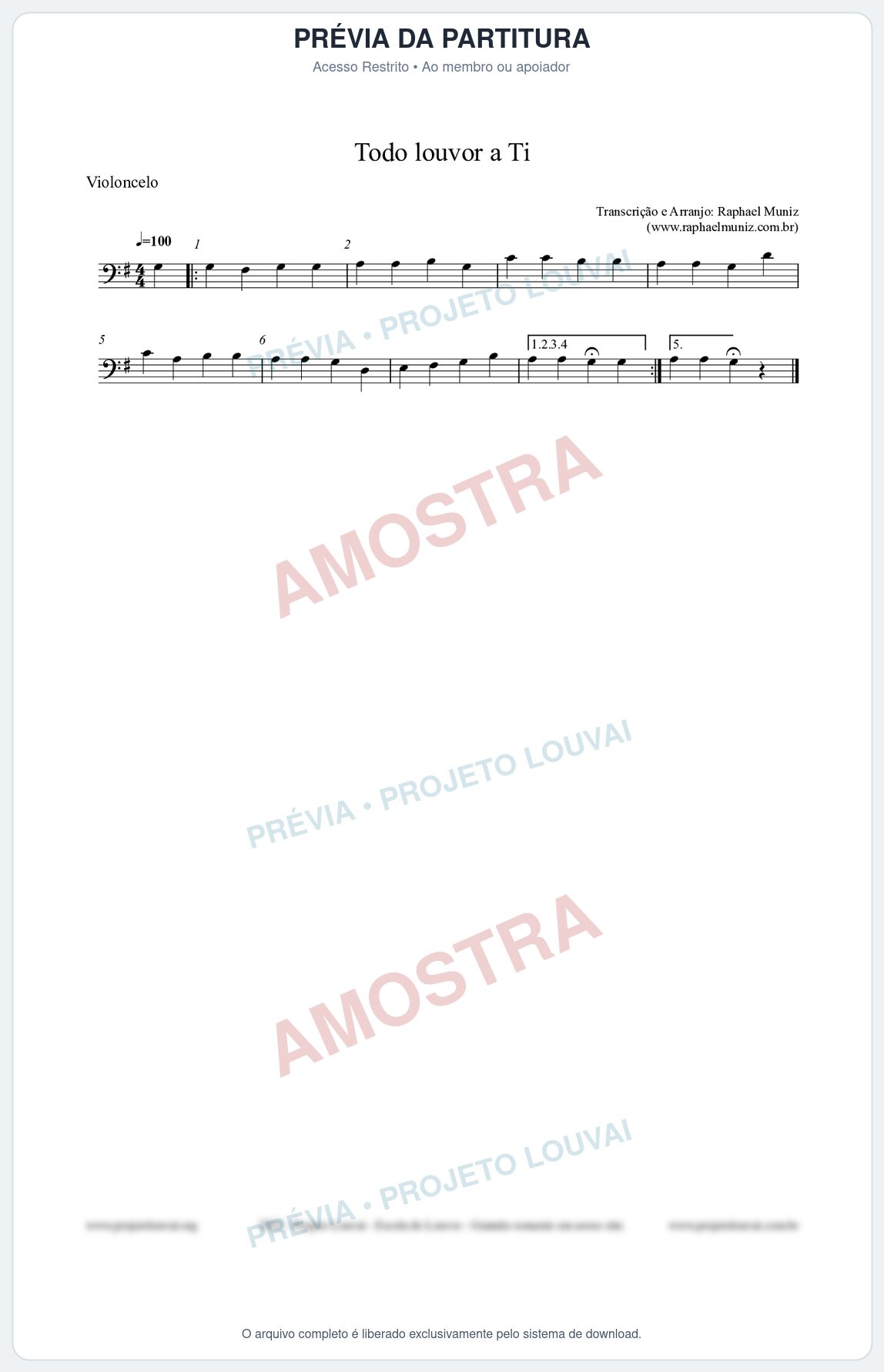 Prévia protegida da primeira página da partitura Partitura para Violoncelo - Todo louvor a Ti - Open Hymnal nº309 - Clássicos do Gospel