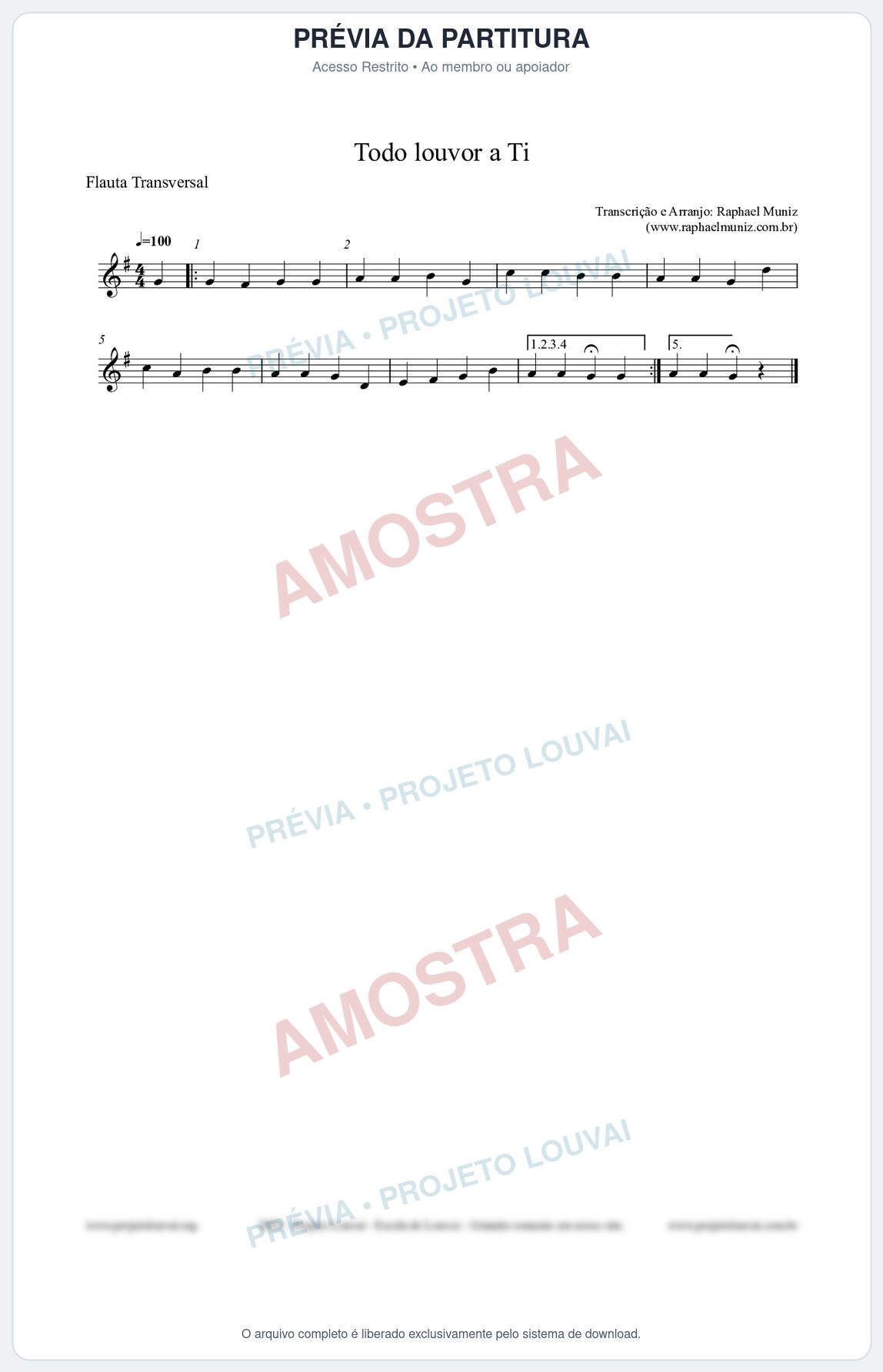 Prévia protegida da primeira página da partitura Partitura para Flauta Transversal - Todo louvor a Ti - Open Hymnal nº309 - Clássicos do Gospel