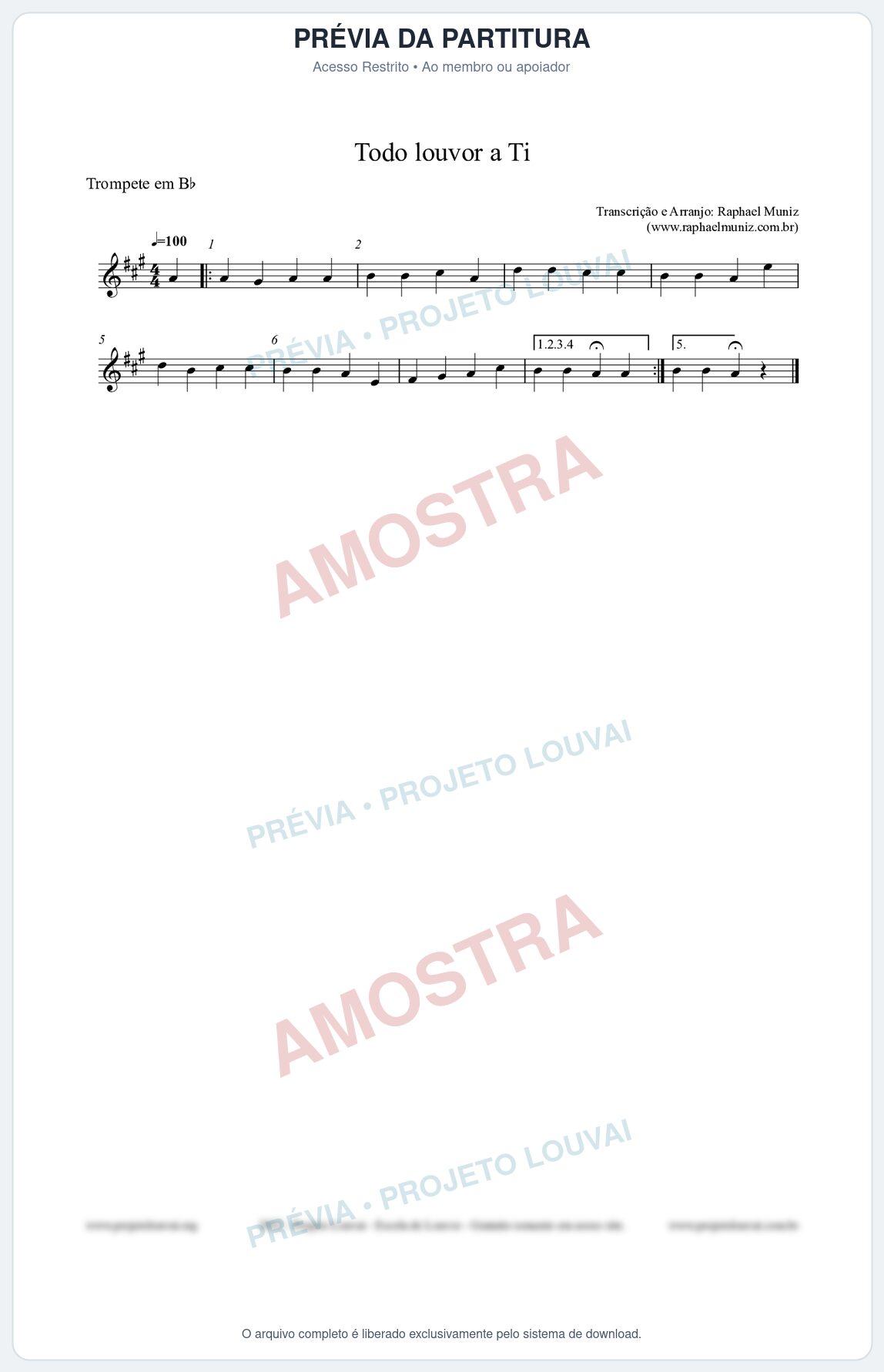 Prévia protegida da primeira página da partitura Partitura para Trompete em Bb - Todo louvor a Ti - Open Hymnal nº309 - Clássicos do Gospel