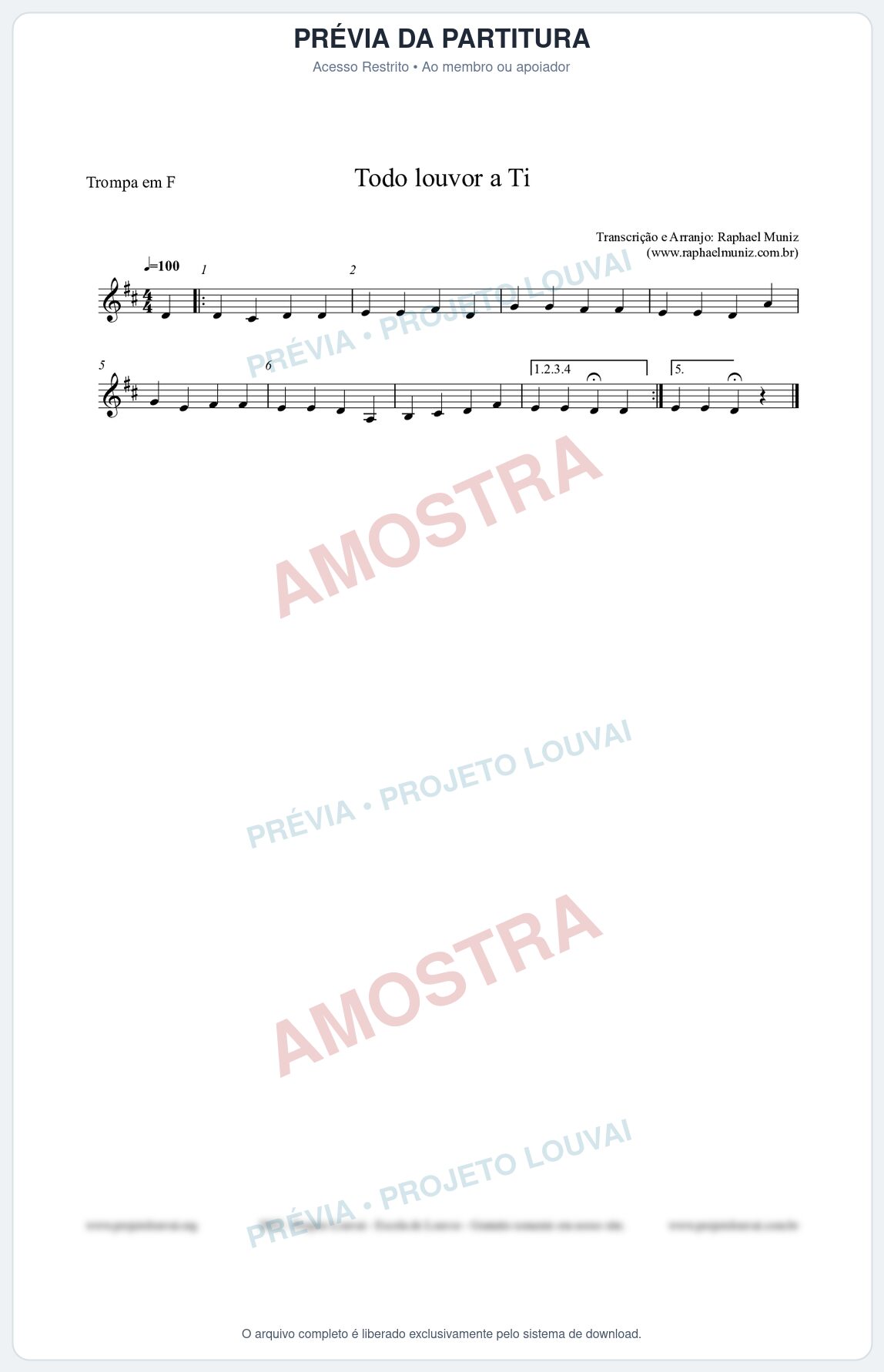 Prévia protegida da primeira página da partitura Partitura para Trompa em F - Todo louvor a Ti - Open Hymnal nº309 - Clássicos do Gospel