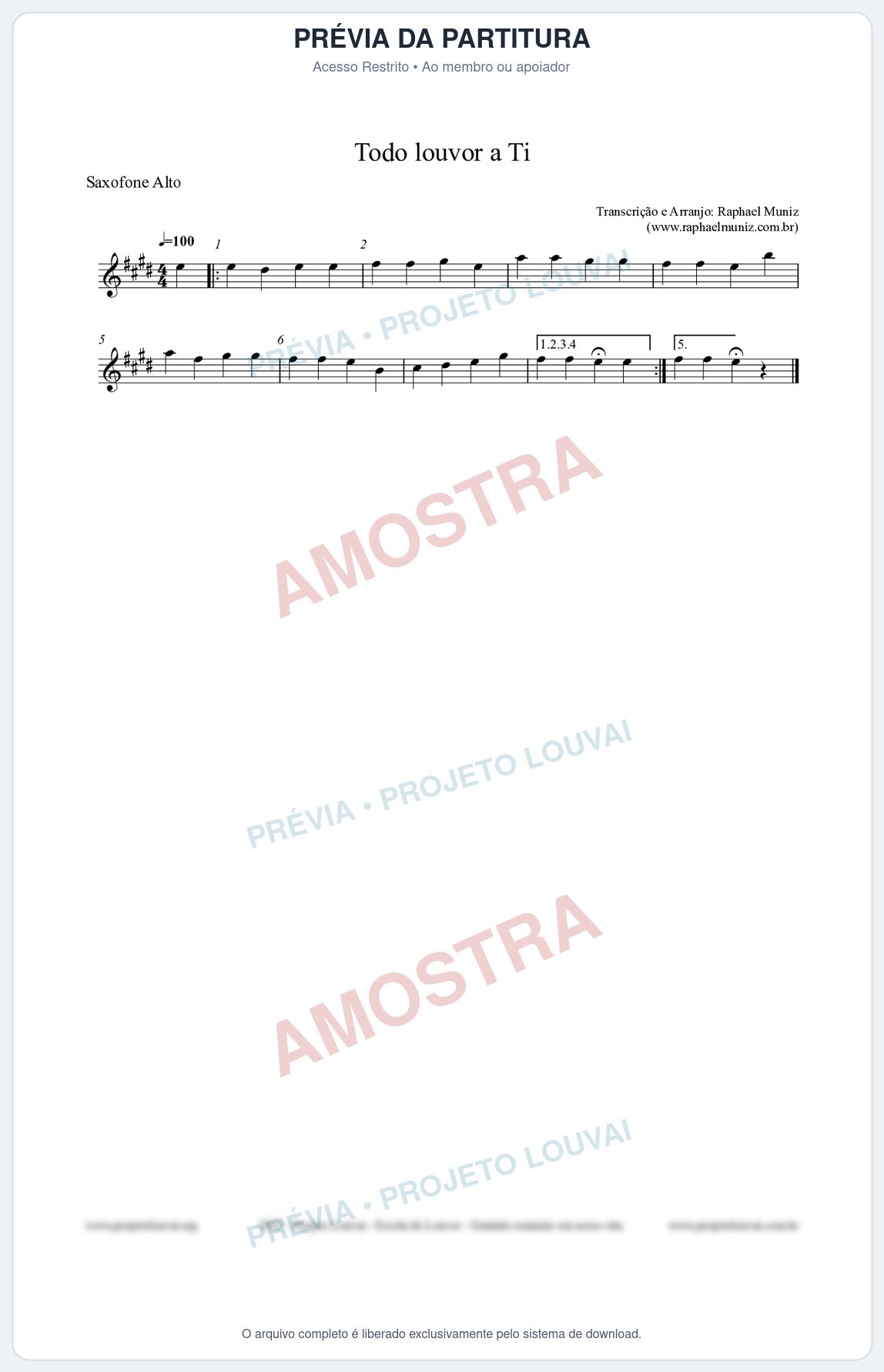 Prévia protegida da primeira página da partitura Partitura para Saxofone Alto - Todo louvor a Ti - Open Hymnal nº309 - Clássicos do Gospel