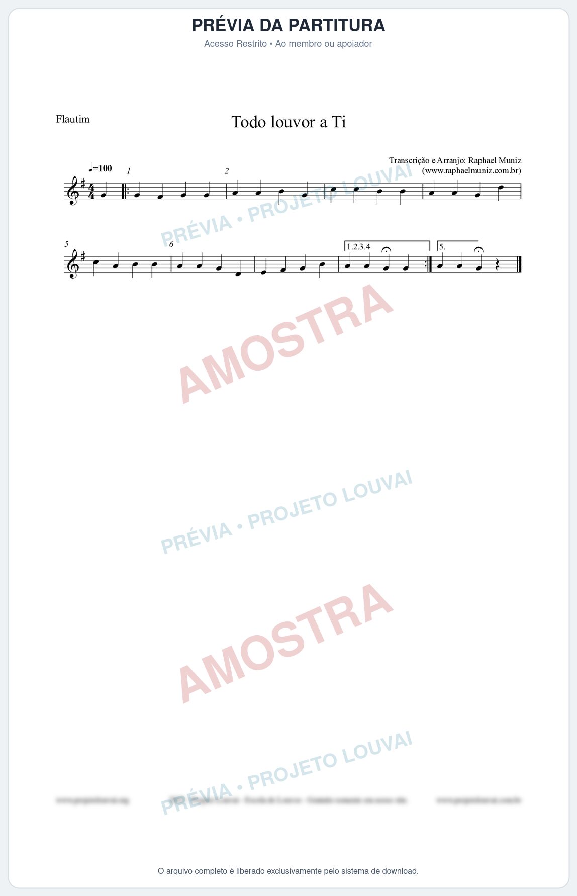 Prévia protegida da primeira página da partitura Partitura para Flautim - Todo louvor a Ti - Open Hymnal nº309 - Clássicos do Gospel