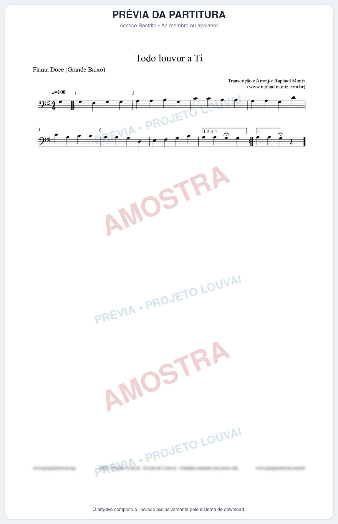 Prévia protegida da primeira página da partitura Partitura para Flauta Doce (Grande Baixo) - Todo louvor a Ti - Open Hymnal nº309 - Clássicos do Gospel