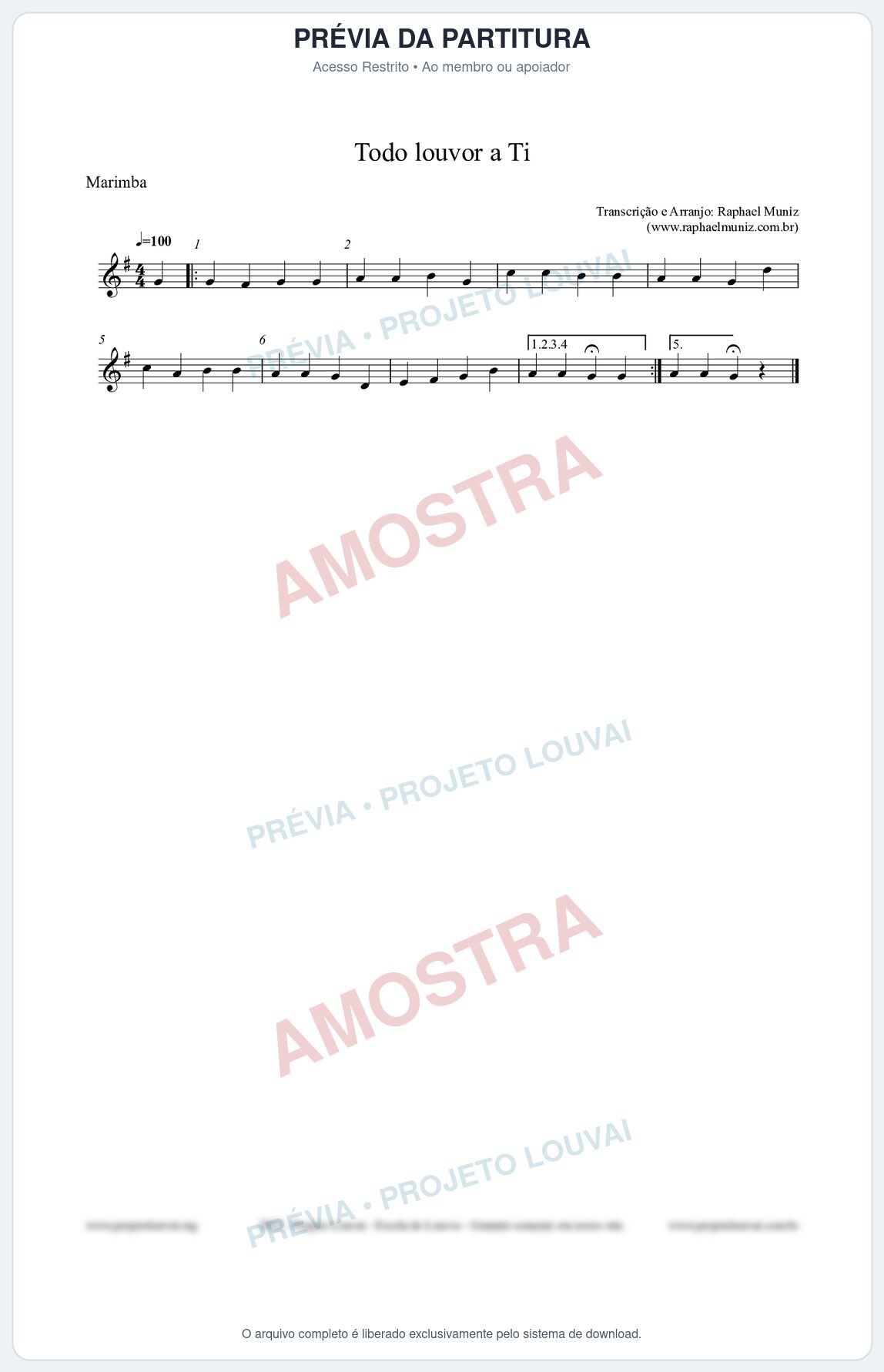 Prévia protegida da primeira página da partitura Partitura para Marimba - Todo louvor a Ti - Open Hymnal nº309 - Clássicos do Gospel