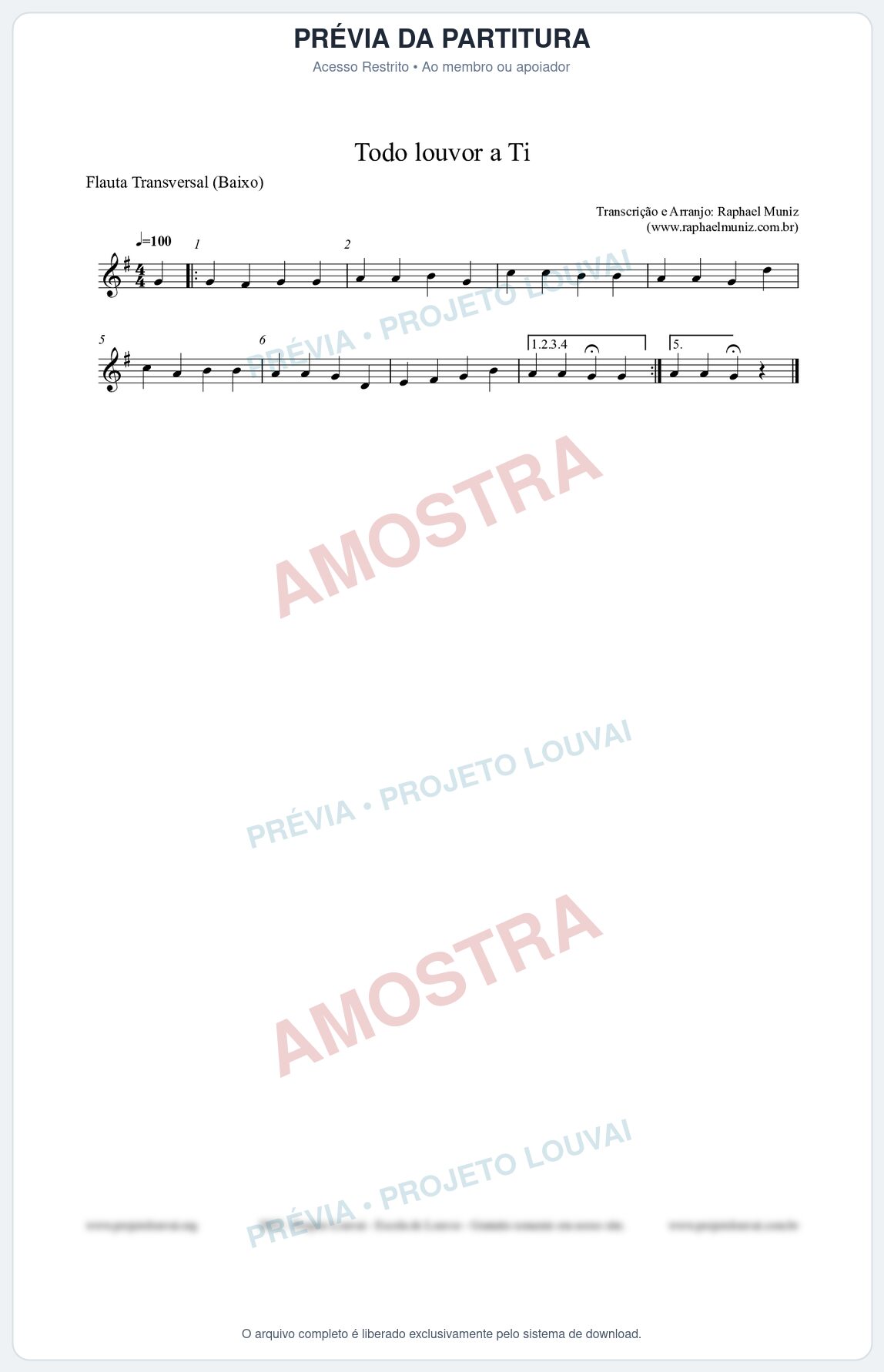 Prévia protegida da primeira página da partitura Partitura para Flauta Transversal (Baixo) - Todo louvor a Ti - Open Hymnal nº309 - Clássicos do Gospel