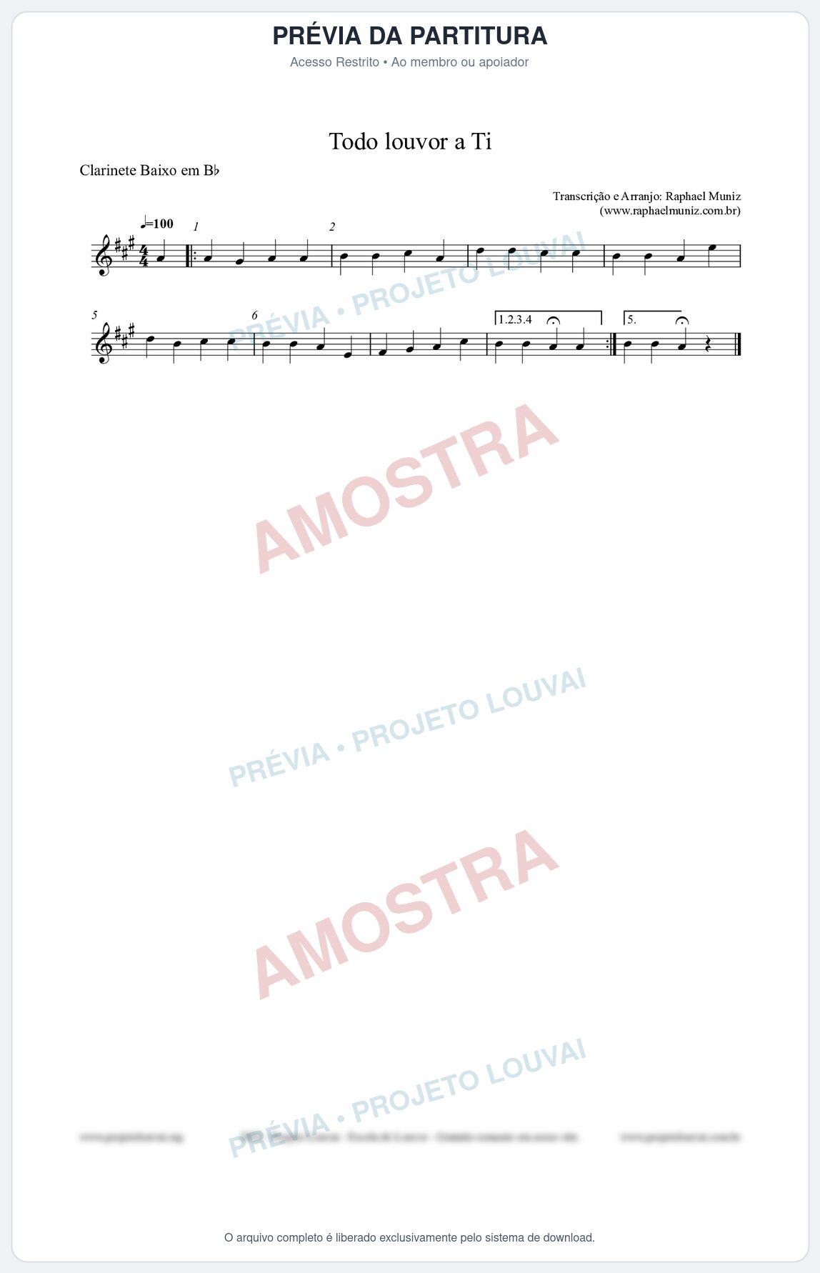 Prévia protegida da primeira página da partitura Partitura para Clarinete Baixo em Bb - Todo louvor a Ti - Open Hymnal nº309 - Clássicos do Gospel