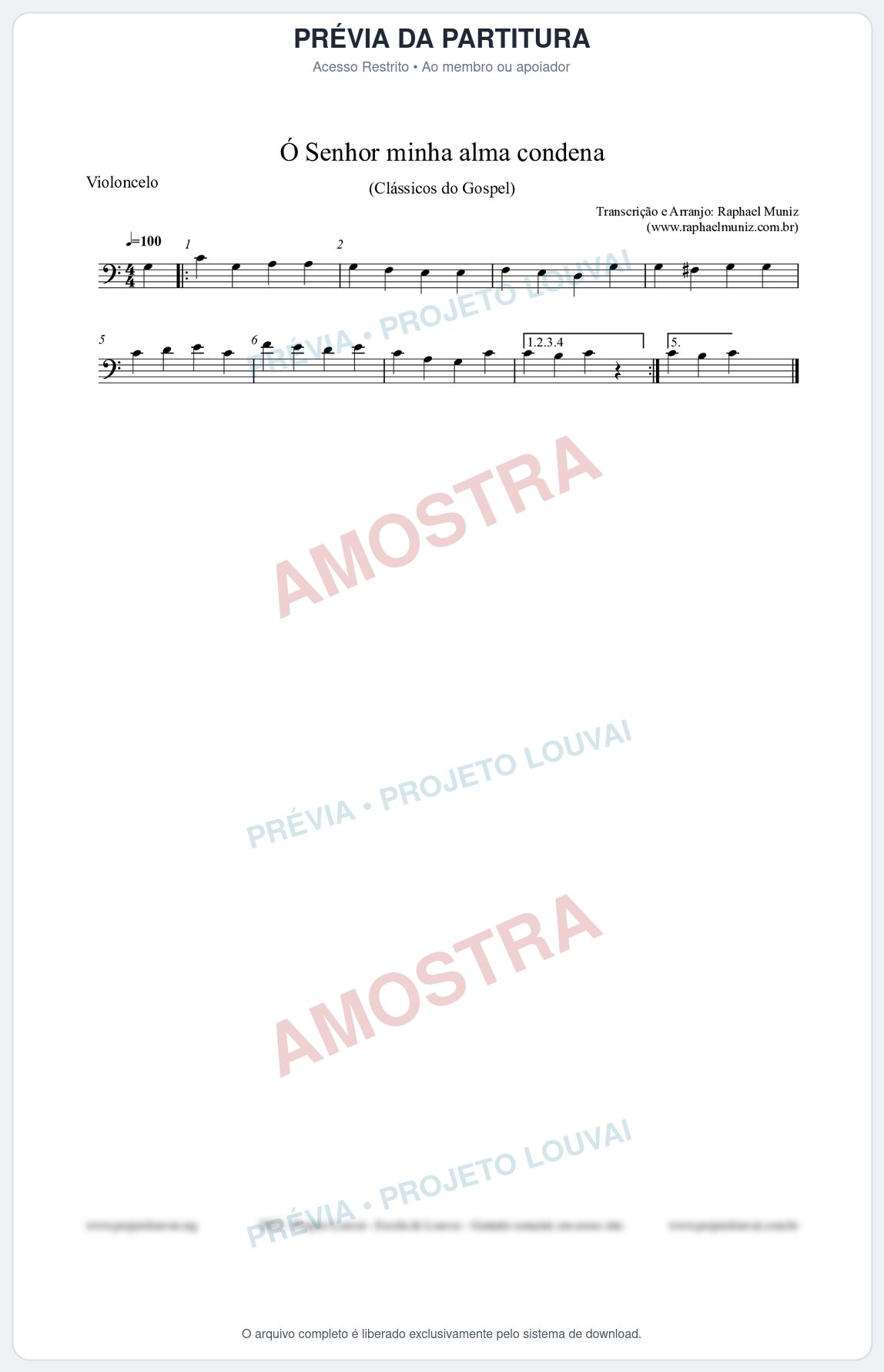 Prévia protegida da primeira página da partitura Partitura para Violoncelo - Ó Senhor minha alma condena - Open Hymnal nº142 - Clássicos do Gospel