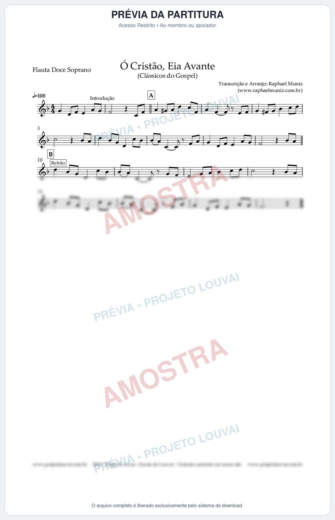 Prévia protegida da primeira página da partitura Partitura para Flauta Doce (Soprano) - Ó Cristão, Eia Avante - Harpa Cristã nº 11 - Clássicos do Gos