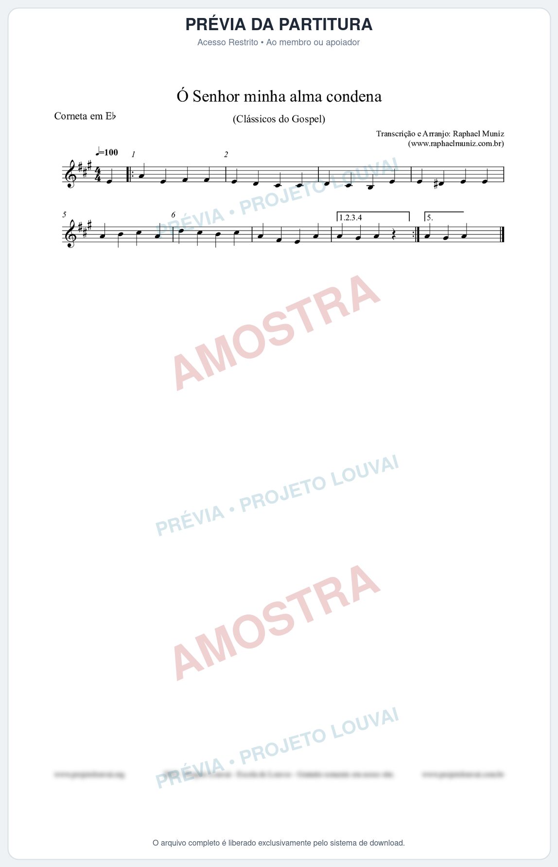Prévia protegida da primeira página da partitura Partitura para Corneta em Eb - Ó Senhor minha alma condena - Open Hymnal nº142 - Clássicos do Gospel
