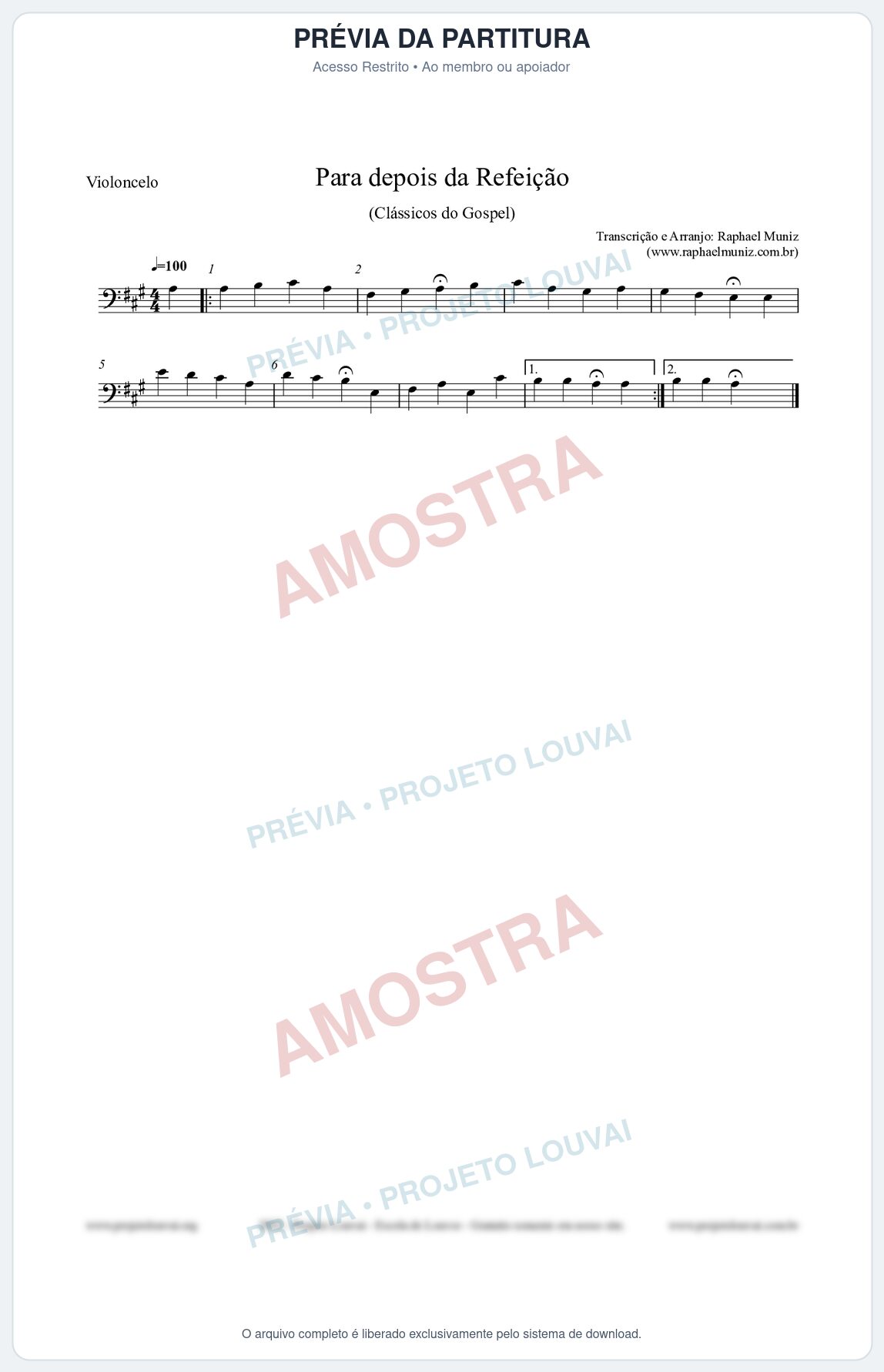 Prévia protegida da primeira página da partitura Partitura para Violoncelo - Para depois da refeição - Salmos e Hinos nº534 - Clássicos do Gospel