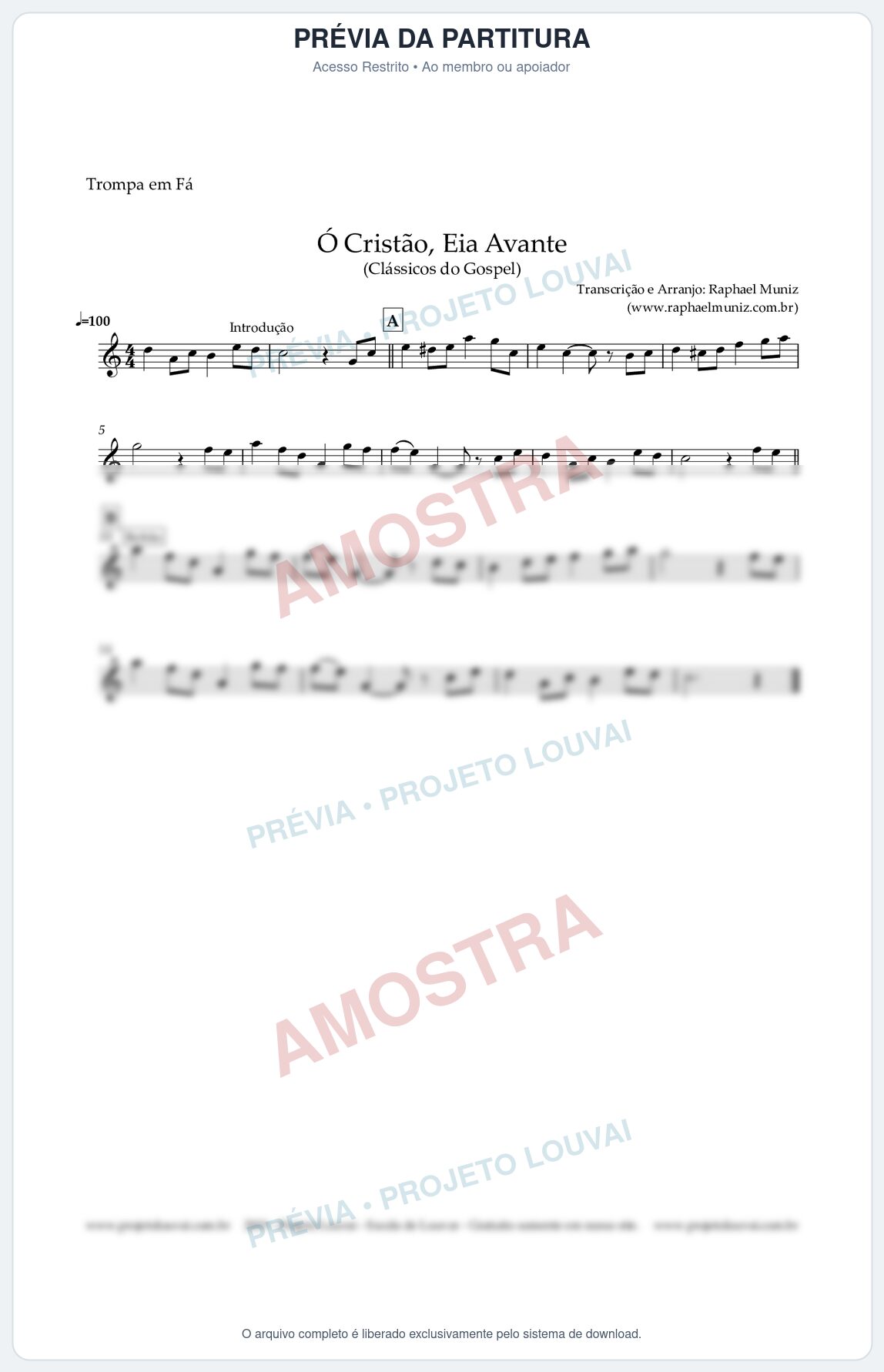 Prévia protegida da primeira página da partitura Partitura para Trompa em Fá - Ó Cristão, Eia Avante - Harpa Cristã nº 11 - Clássicos do Gospel