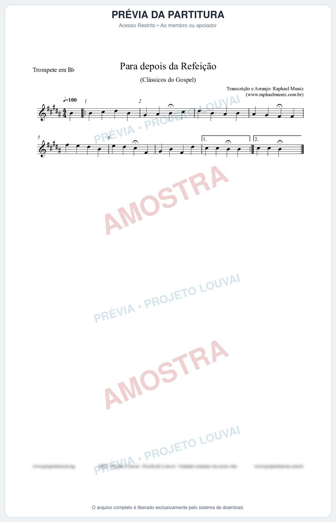 Prévia protegida da primeira página da partitura Partitura para Trompete em Bb - Para depois da refeição - Salmos e Hinos nº534 - Clássicos do Gospel