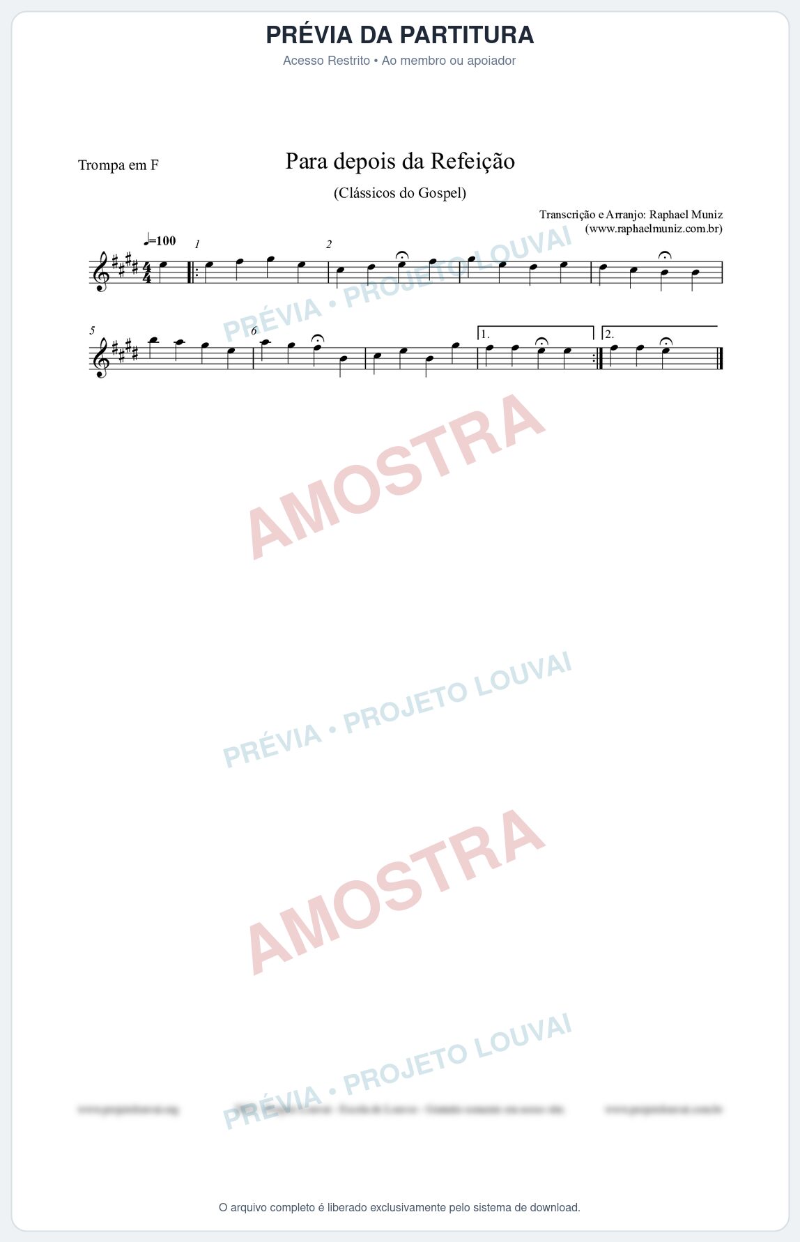 Prévia protegida da primeira página da partitura Partitura para Trompa em F - Para depois da refeição - Salmos e Hinos nº534 - Clássicos do Gospel