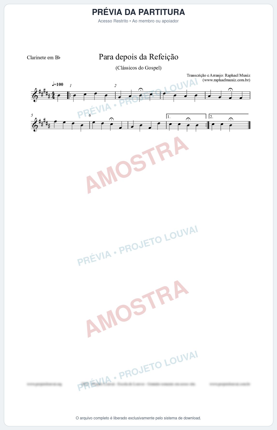 Prévia protegida da primeira página da partitura Partitura para Clarinete em Bb - Para depois da refeição - Salmos e Hinos nº534 - Clássicos do Gospel
