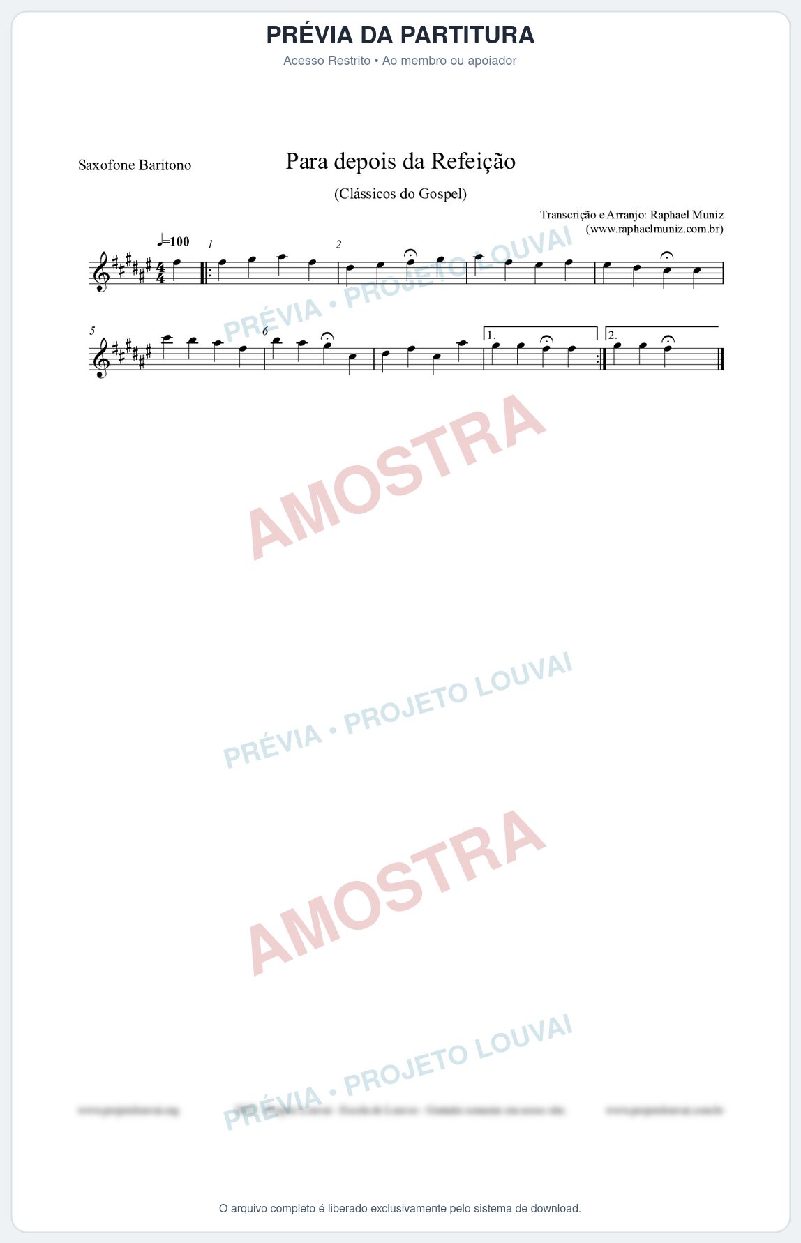 Prévia protegida da primeira página da partitura Partitura para Saxofone Barítono - Para depois da refeição - Salmos e Hinos nº534 - Clássicos do Gospel