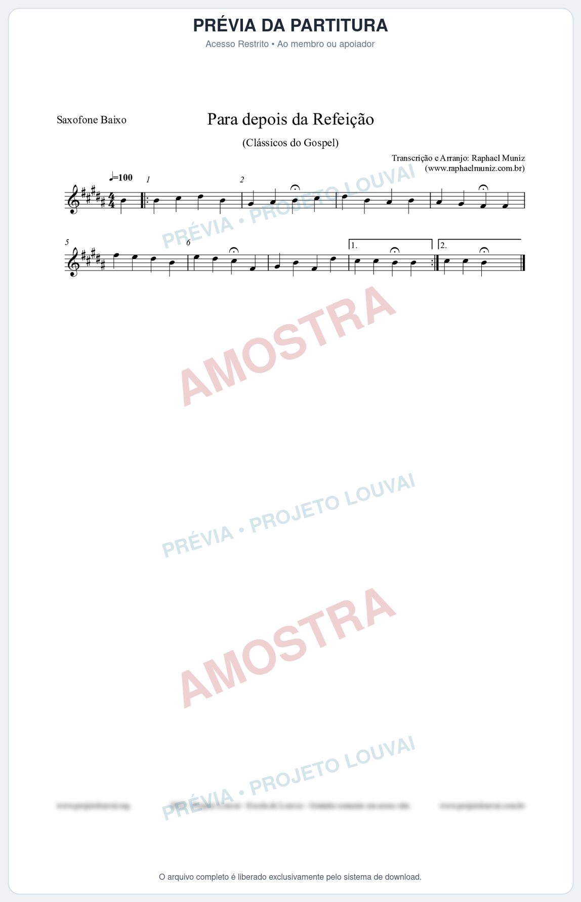 Prévia protegida da primeira página da partitura Partitura para Saxofone Baixo - Para depois da refeição - Salmos e Hinos nº534 - Clássicos do Gospel