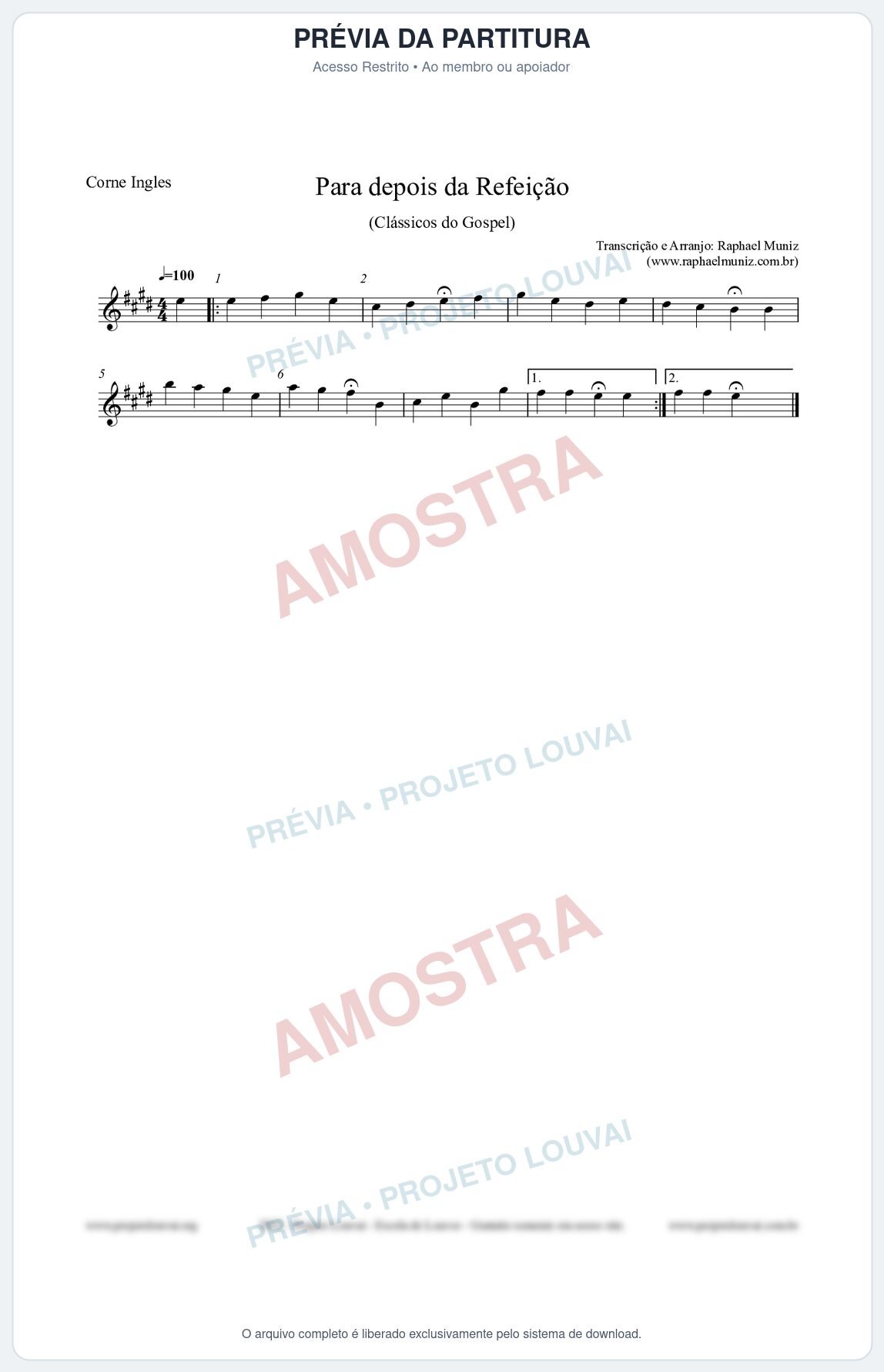 Prévia protegida da primeira página da partitura Partitura para Corne Inglês - Para depois da refeição - Salmos e Hinos nº534 - Clássicos do Gospel