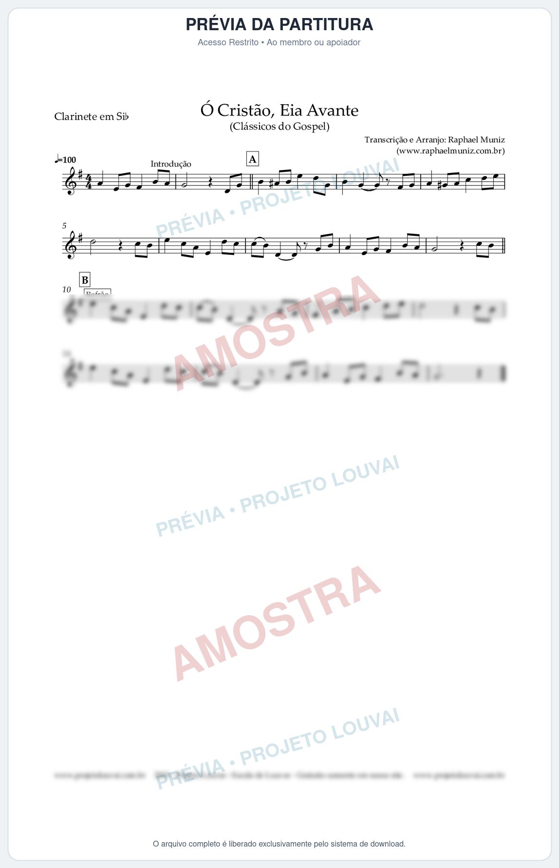 Prévia protegida da primeira página da partitura Partitura para Clarinete em Bb - Ó Cristão, Eia Avante - Harpa Cristã nº 11 - Clássicos do Gospel