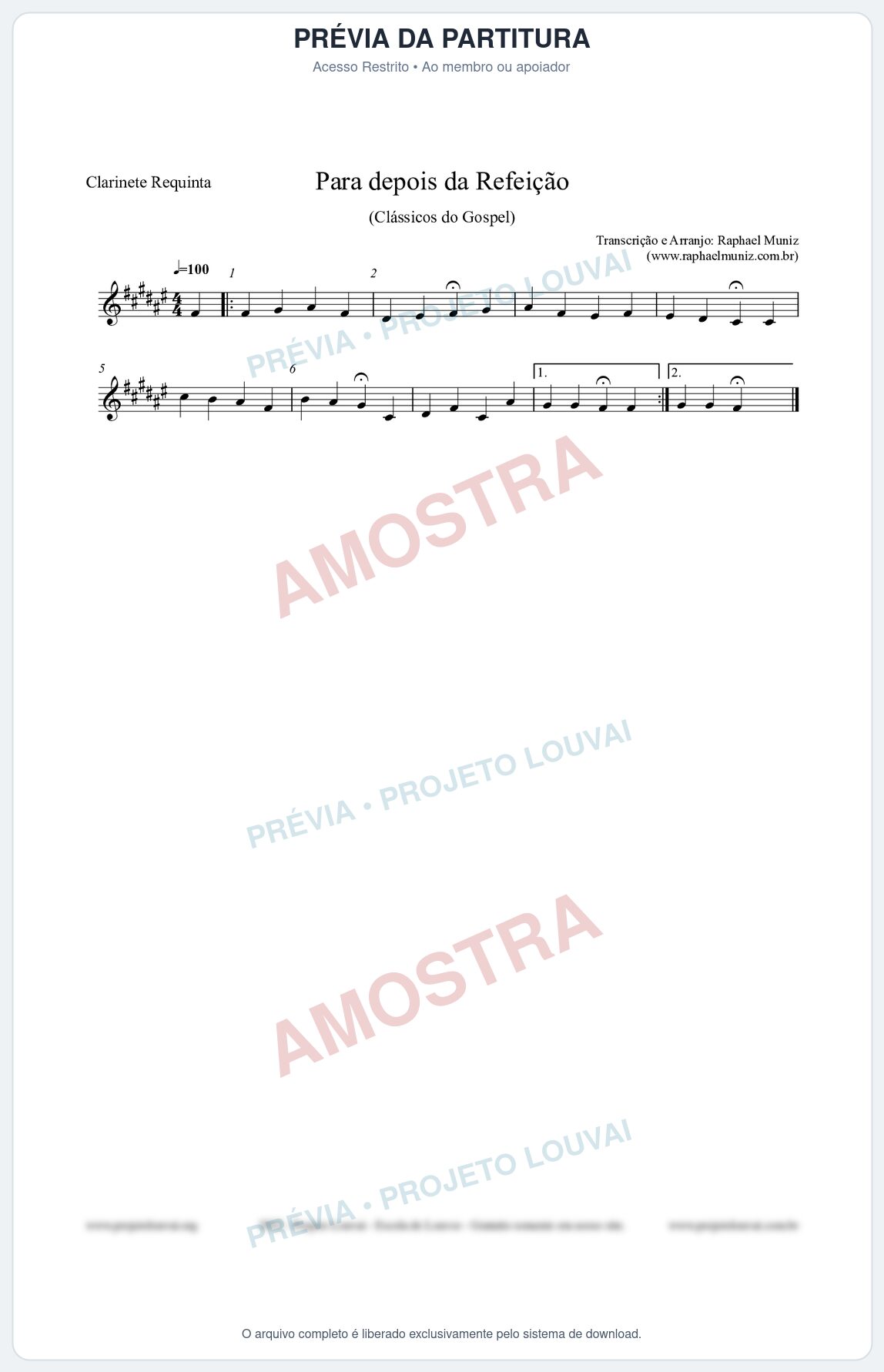 Prévia protegida da primeira página da partitura Partitura para Clarinete Requinta - Para depois da refeição - Salmos e Hinos nº534 - Clássicos do Gospel