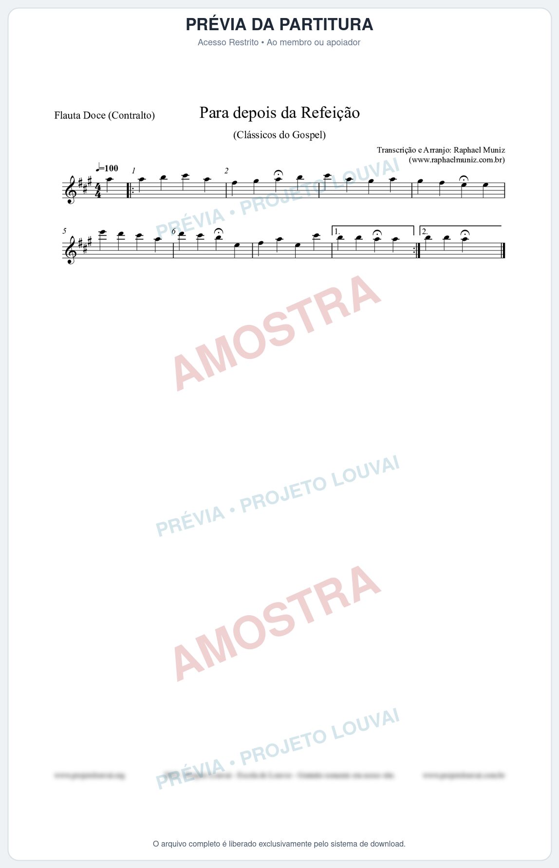 Prévia protegida da primeira página da partitura Partitura para Flauta Doce (Contralto) - Para depois da refeição - Salmos e Hinos nº534 - Clássicos do Gospel