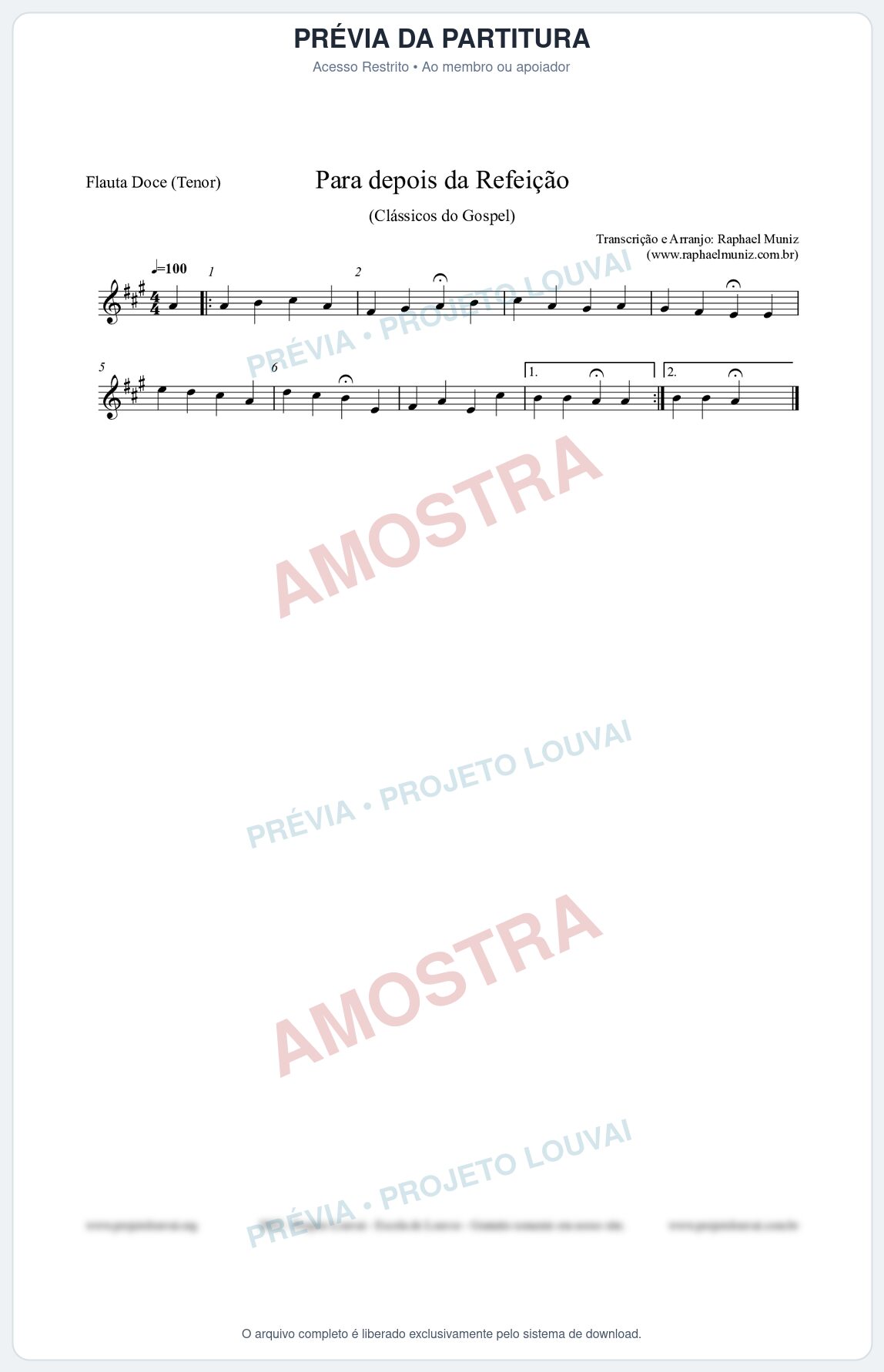 Prévia protegida da primeira página da partitura Partitura para Flauta Doce (Tenor) - Para depois da refeição - Salmos e Hinos nº534 - Clássicos do Gospel