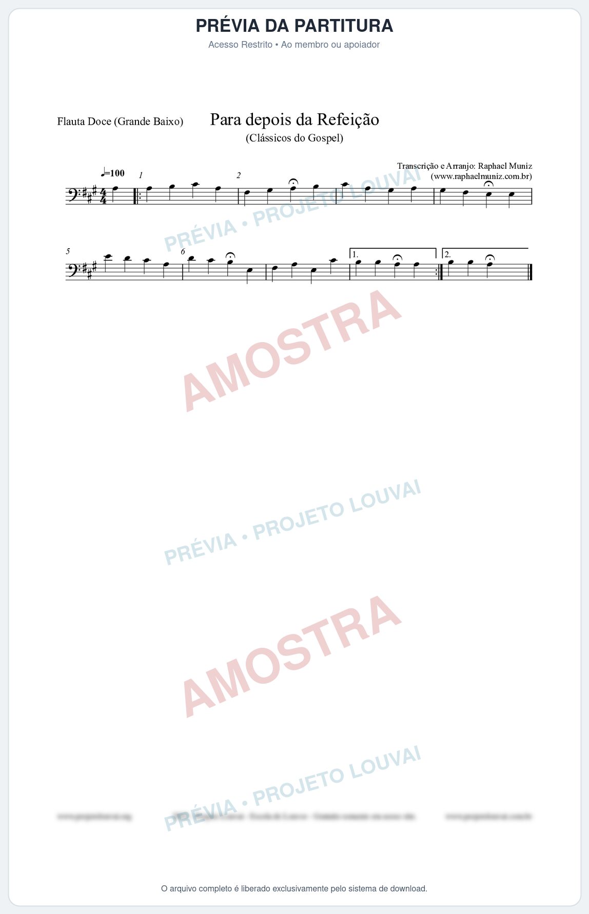 Prévia protegida da primeira página da partitura Partitura para Flauta Doce (Grande Baixo) - Para depois da refeição - Salmos e Hinos nº534 - Clássicos do Gospel