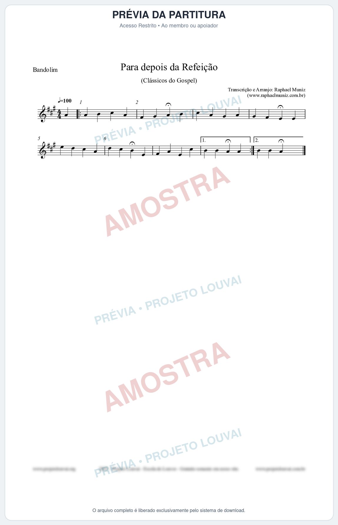 Prévia protegida da primeira página da partitura Partitura para Bandolim - Para depois da refeição - Salmos e Hinos nº534 - Clássicos do Gospel