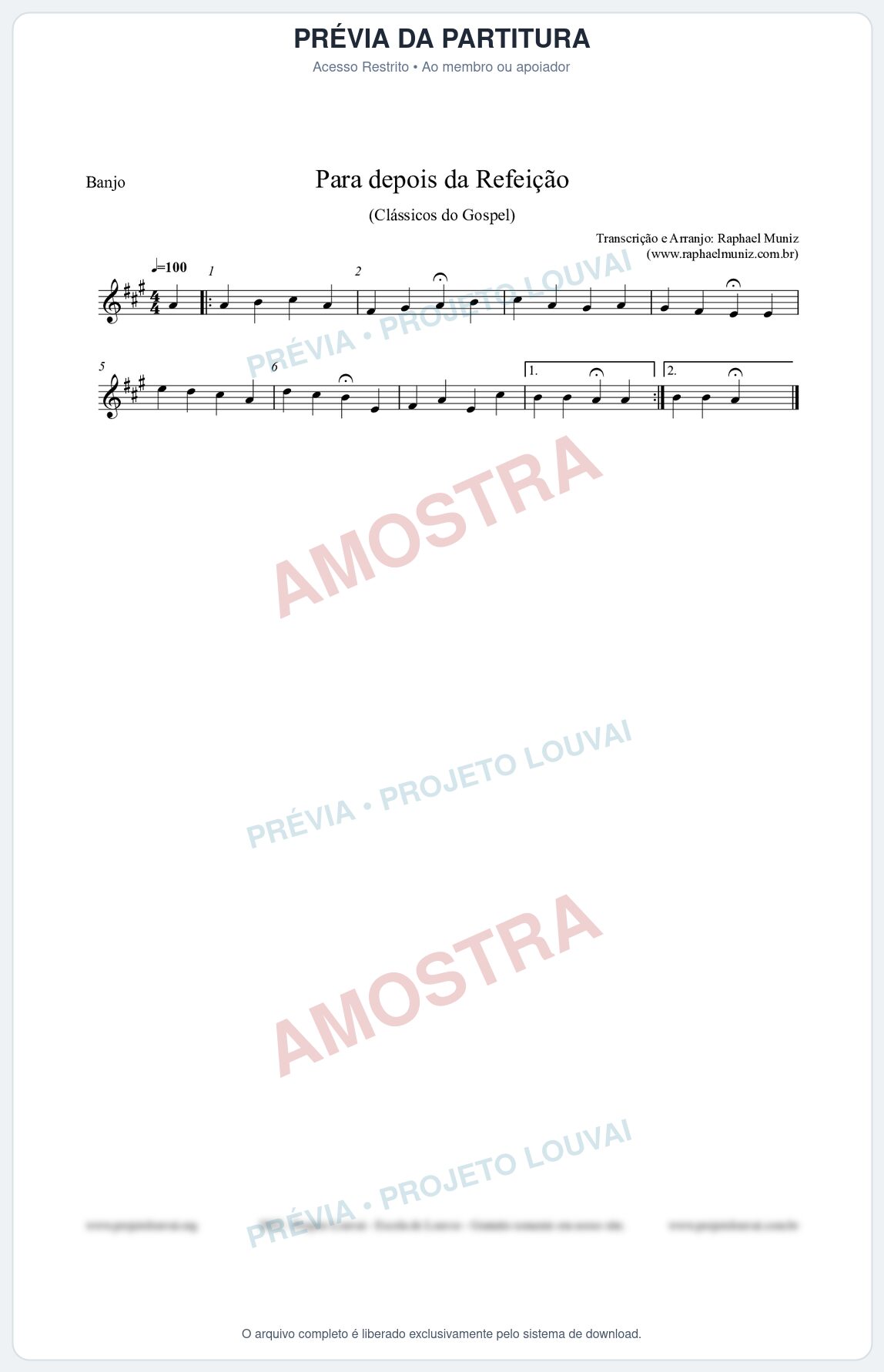 Prévia protegida da primeira página da partitura Partitura para Banjo - Para depois da refeição - Salmos e Hinos nº534 - Clássicos do Gospel
