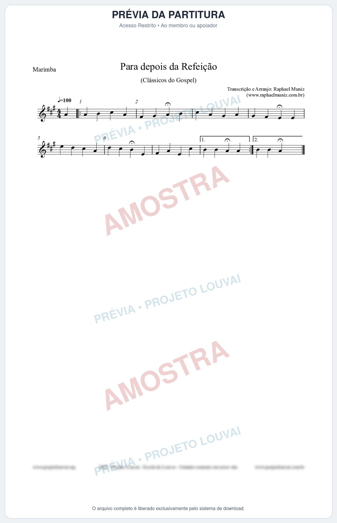 Prévia protegida da primeira página da partitura Partitura para Marimba - Para depois da refeição - Salmos e Hinos nº534 - Clássicos do Gospel