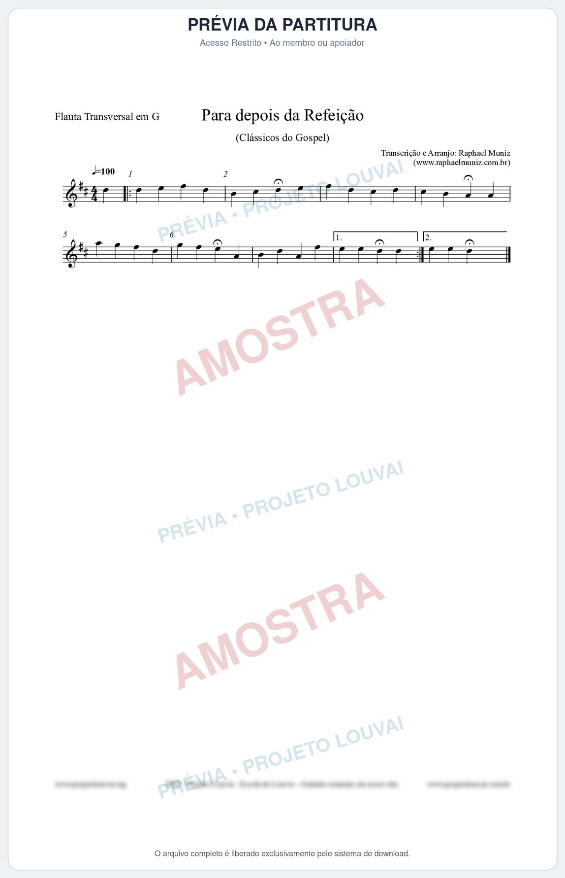 Prévia protegida da primeira página da partitura Partitura para Flauta Transversal em G - Para depois da refeição - Salmos e Hinos nº534 - Clássicos do Gospel