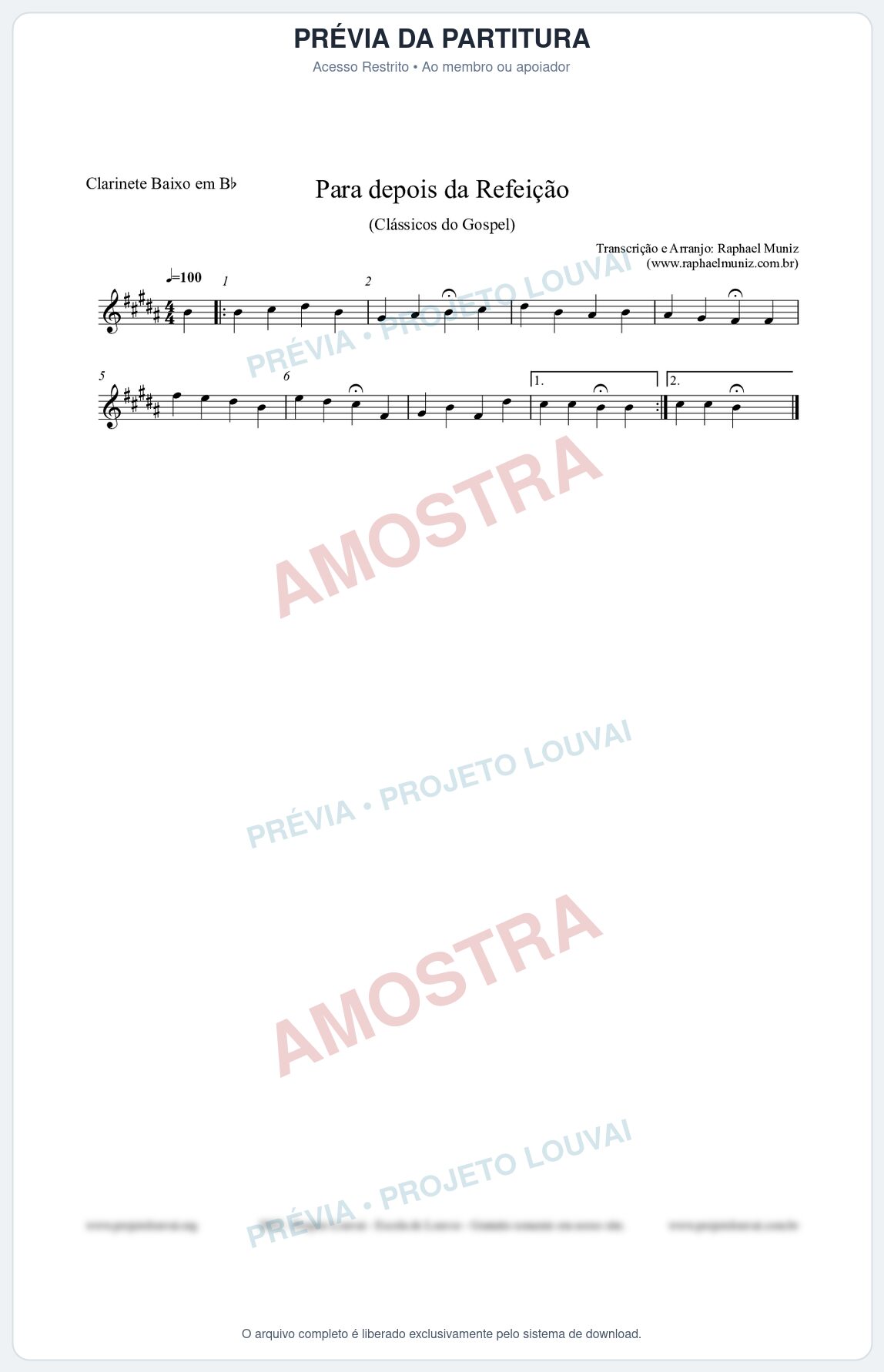 Prévia protegida da primeira página da partitura Partitura para Clarinete Baixo em Bb - Para depois da refeição - Salmos e Hinos nº534 - Clássicos do Gospel