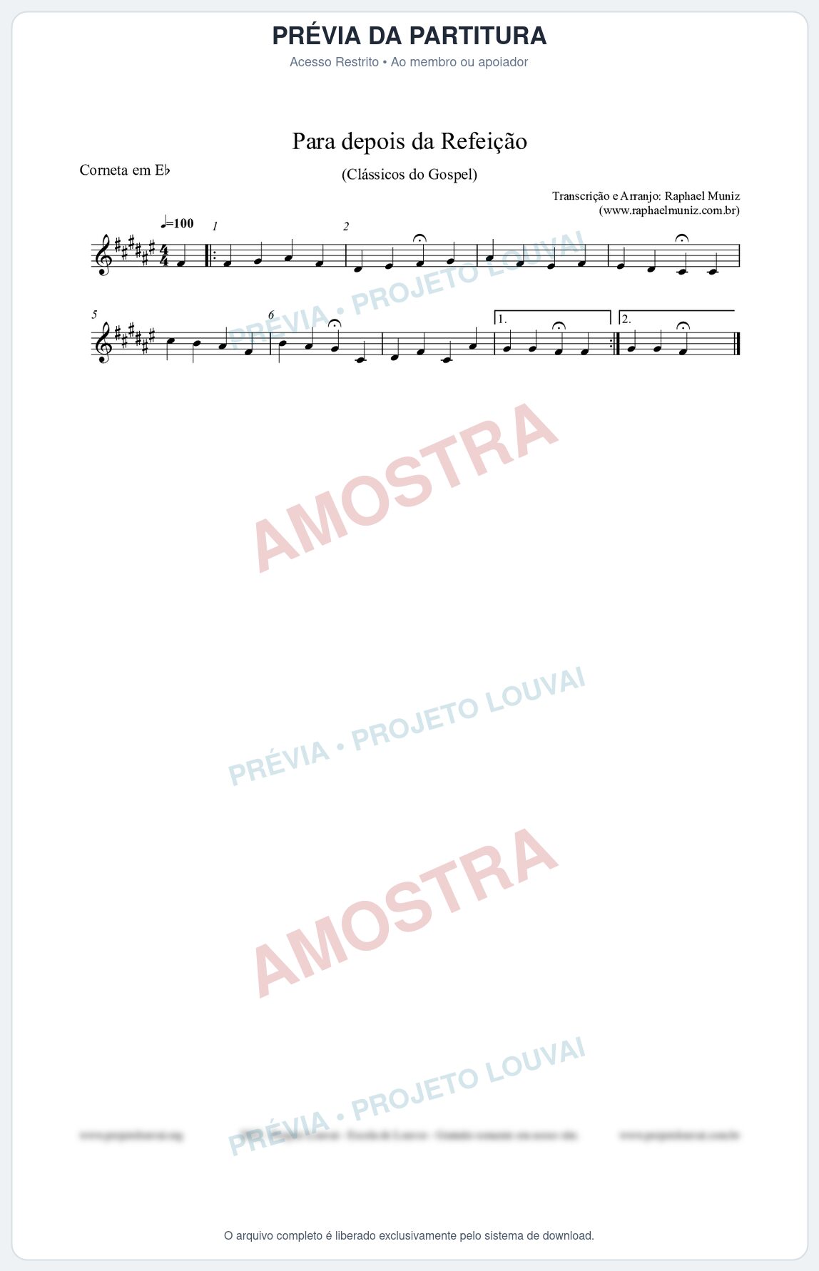 Prévia protegida da primeira página da partitura Partitura para Corneta em Eb - Para depois da refeição - Salmos e Hinos nº534 - Clássicos do Gospel