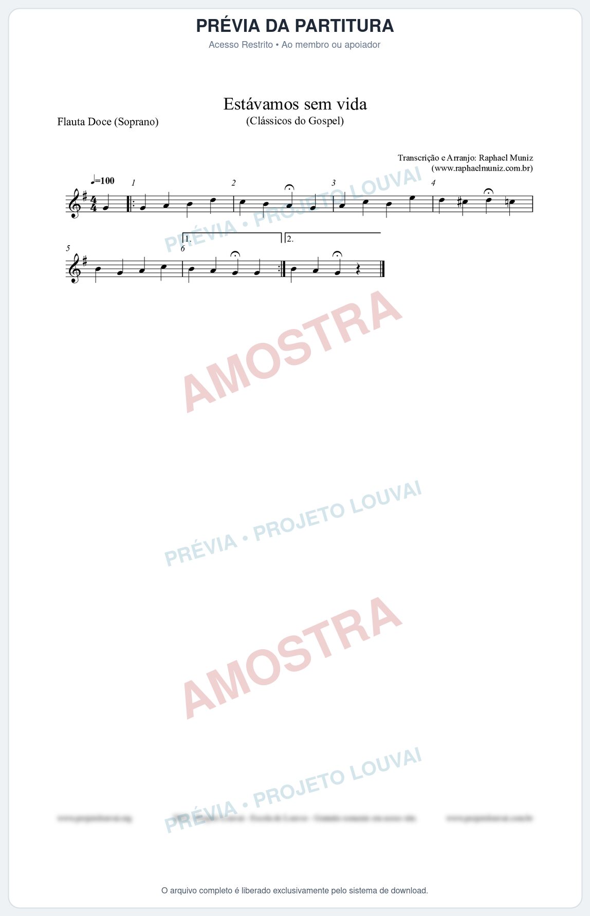Prévia protegida da primeira página da partitura Partitura para Flauta Doce (Soprano) - Estávamos sem vida - Die Melodien nº24 - Clássicos do Gospel