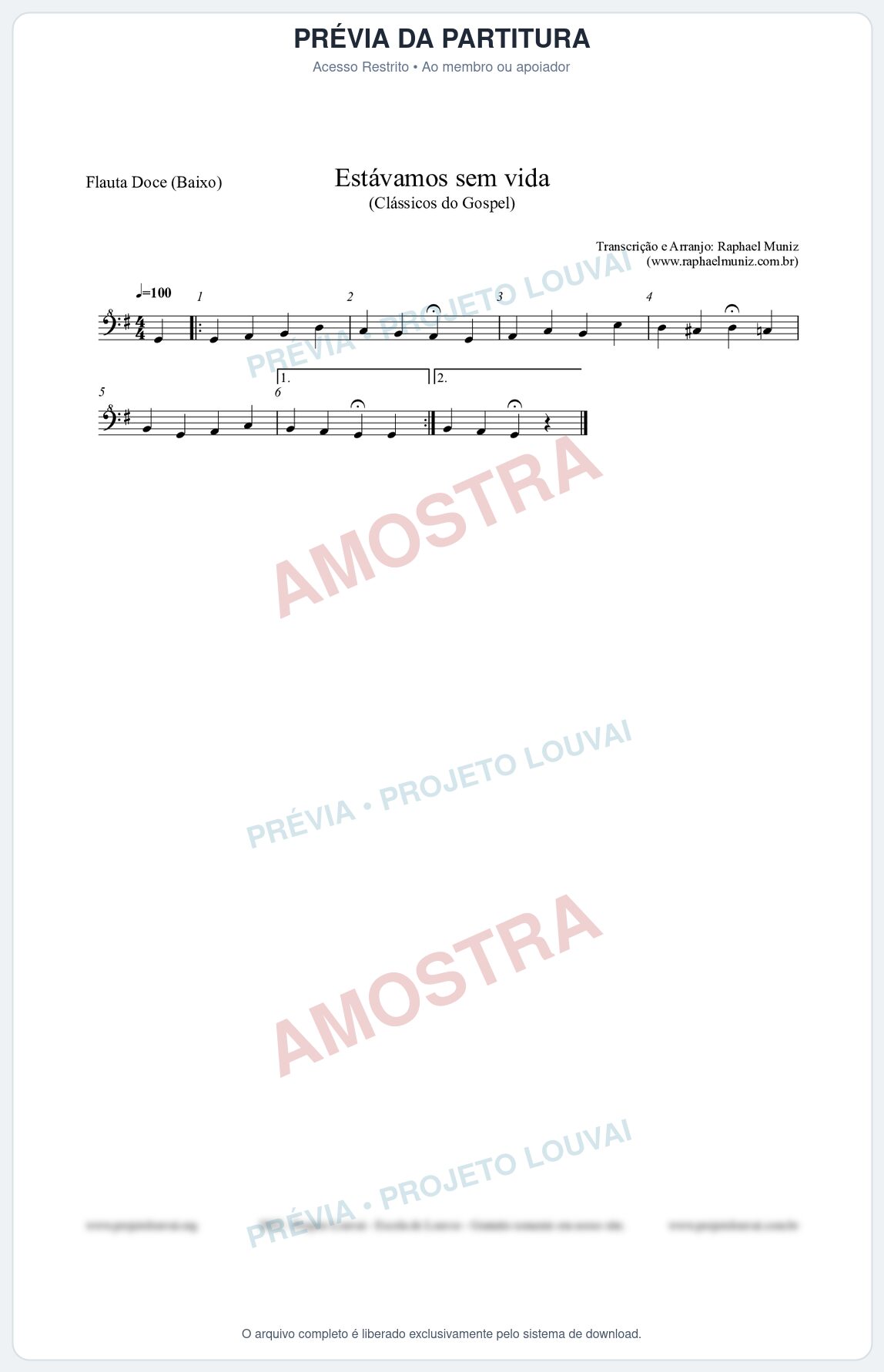 Prévia protegida da primeira página da partitura Partitura para Flauta Doce (Baixo) - Estávamos sem vida - Die Melodien nº24 - Clássicos do Gospel