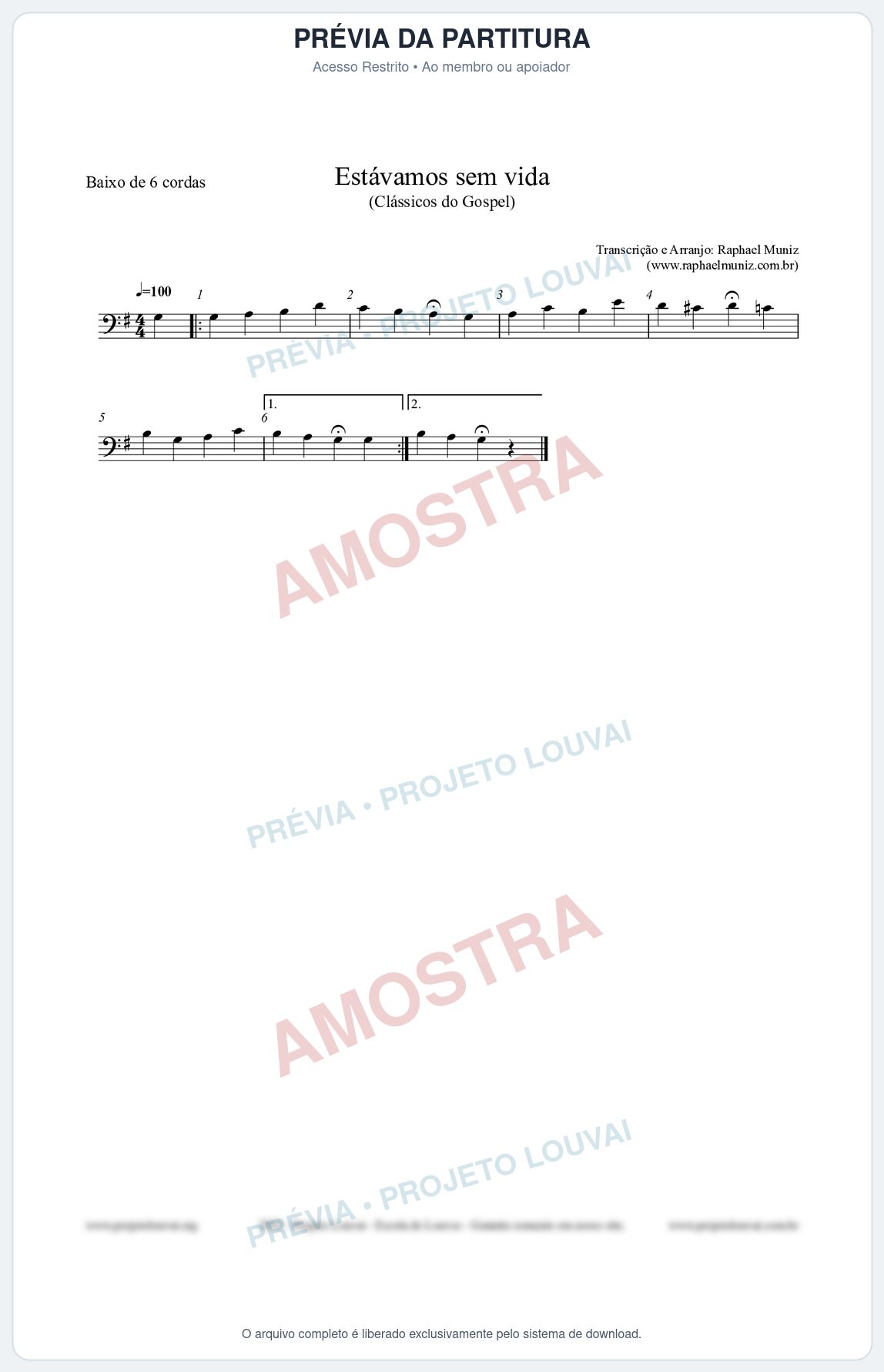 Prévia protegida da primeira página da partitura Partitura para Baixo de 6 cordas - Estávamos sem vida - Die Melodien nº24 - Clássicos do Gospel
