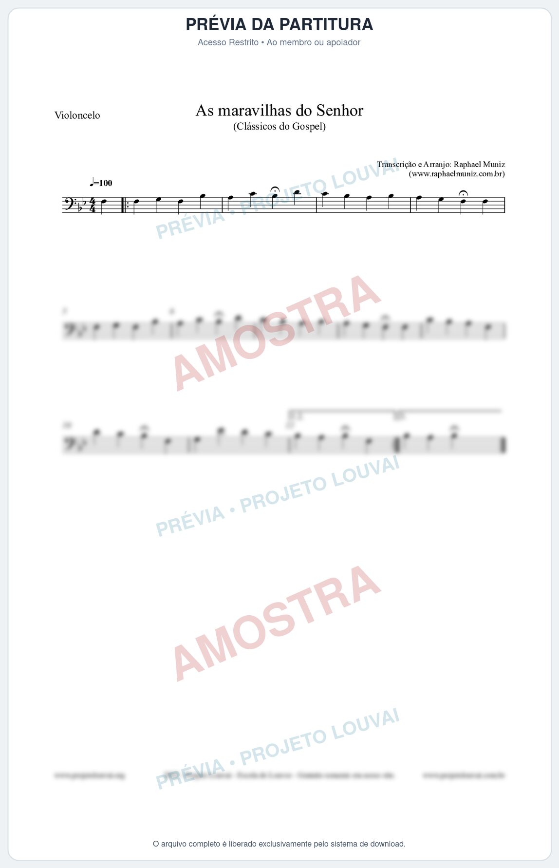 Prévia protegida da primeira página da partitura Partitura para Violoncelo - As maravilhas do Senhor - Salmos e Hinos nº213 - Clássicos do Gospel