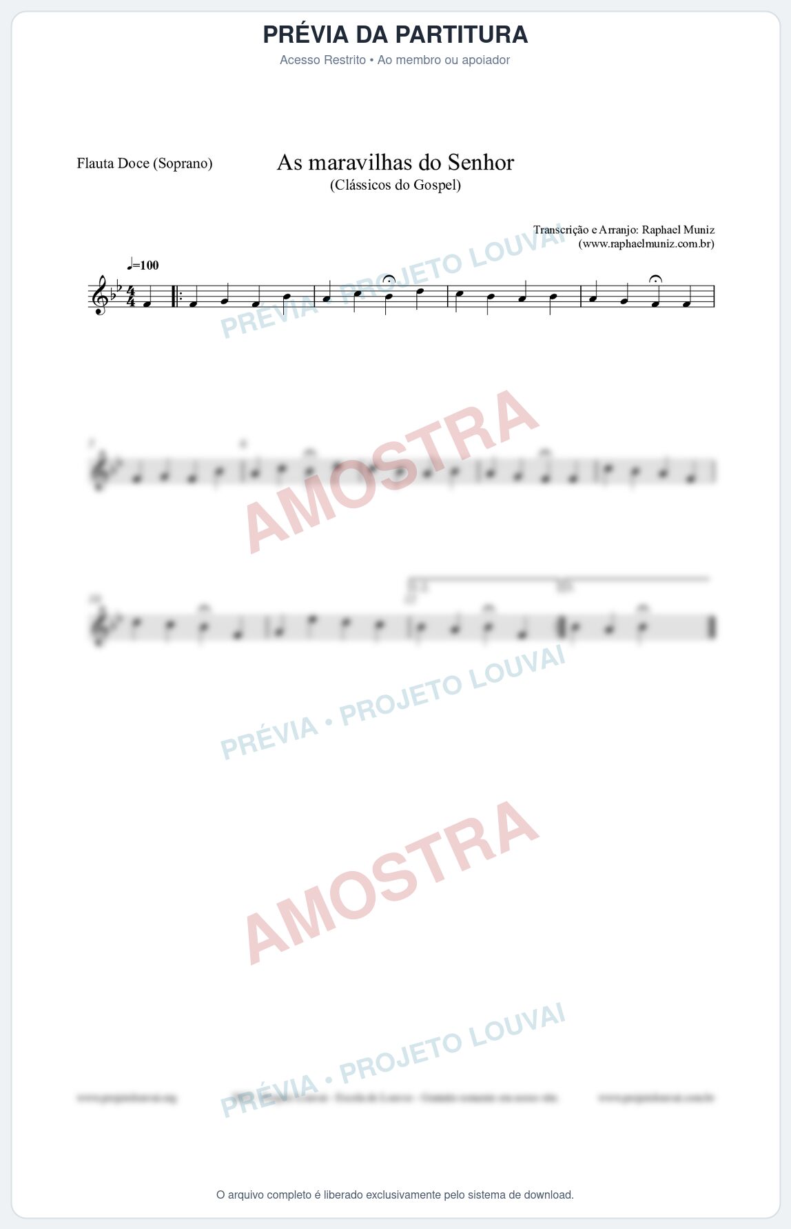 Prévia protegida da primeira página da partitura Partitura para Flauta Doce (Soprano) - As maravilhas do Senhor - Salmos e Hinos nº213 - Clássicos do Gospel