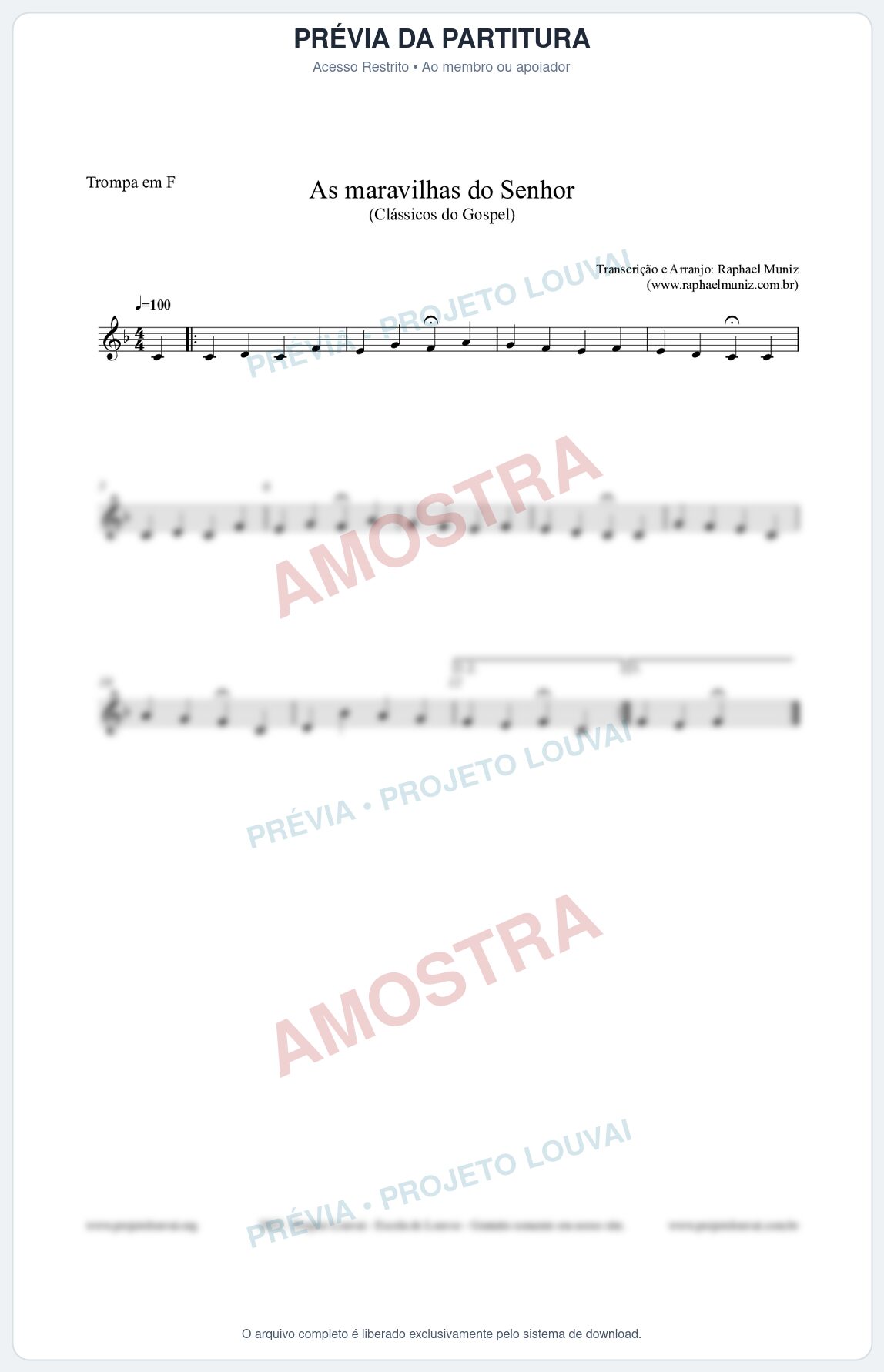 Prévia protegida da primeira página da partitura Partitura para Trompa em F - As maravilhas do Senhor - Salmos e Hinos nº213 - Clássicos do Gospel