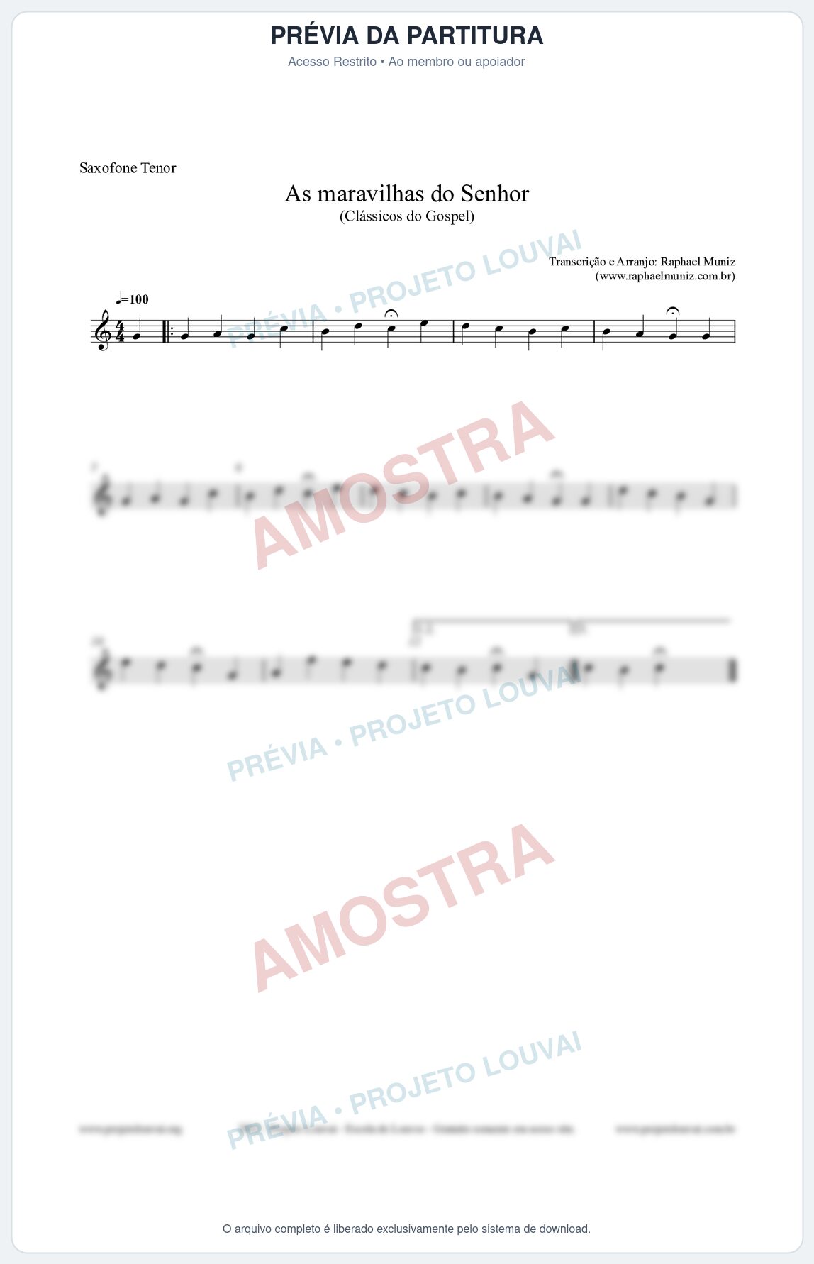 Prévia protegida da primeira página da partitura Partitura para Saxofone Tenor - As maravilhas do Senhor - Salmos e Hinos nº213 - Clássicos do Gospel
