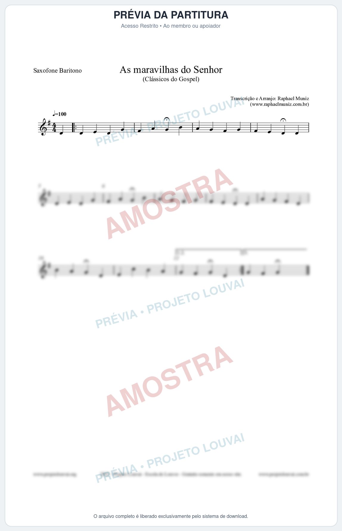 Prévia protegida da primeira página da partitura Partitura para Saxofone Barítono - As maravilhas do Senhor - Salmos e Hinos nº213 - Clássicos do Gospel