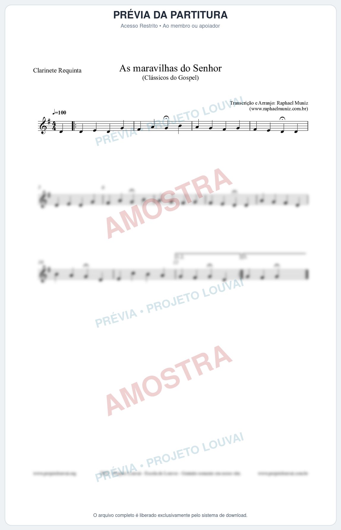 Prévia protegida da primeira página da partitura Partitura para Clarinete Requinta - As maravilhas do Senhor - Salmos e Hinos nº213 - Clássicos do Gospel