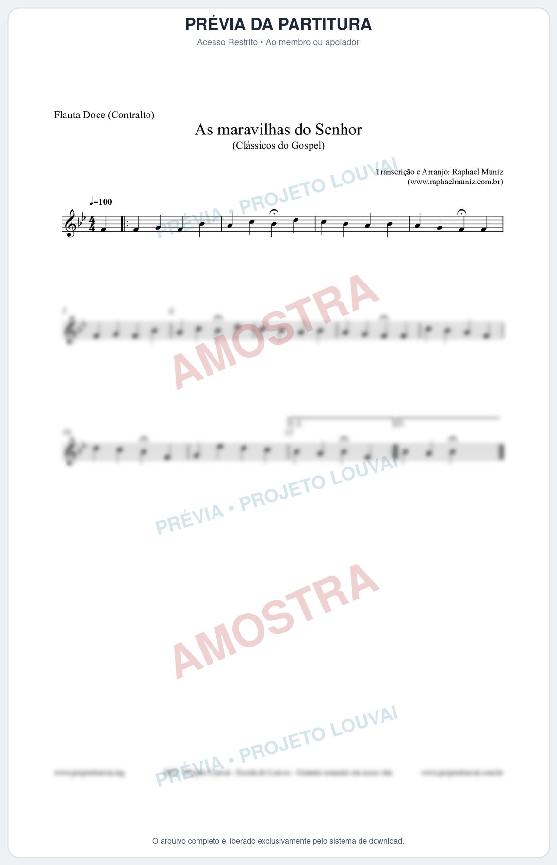 Prévia protegida da primeira página da partitura Partitura para Flauta Doce (Contralto) - As maravilhas do Senhor - Salmos e Hinos nº213 - Clássicos do Gospel