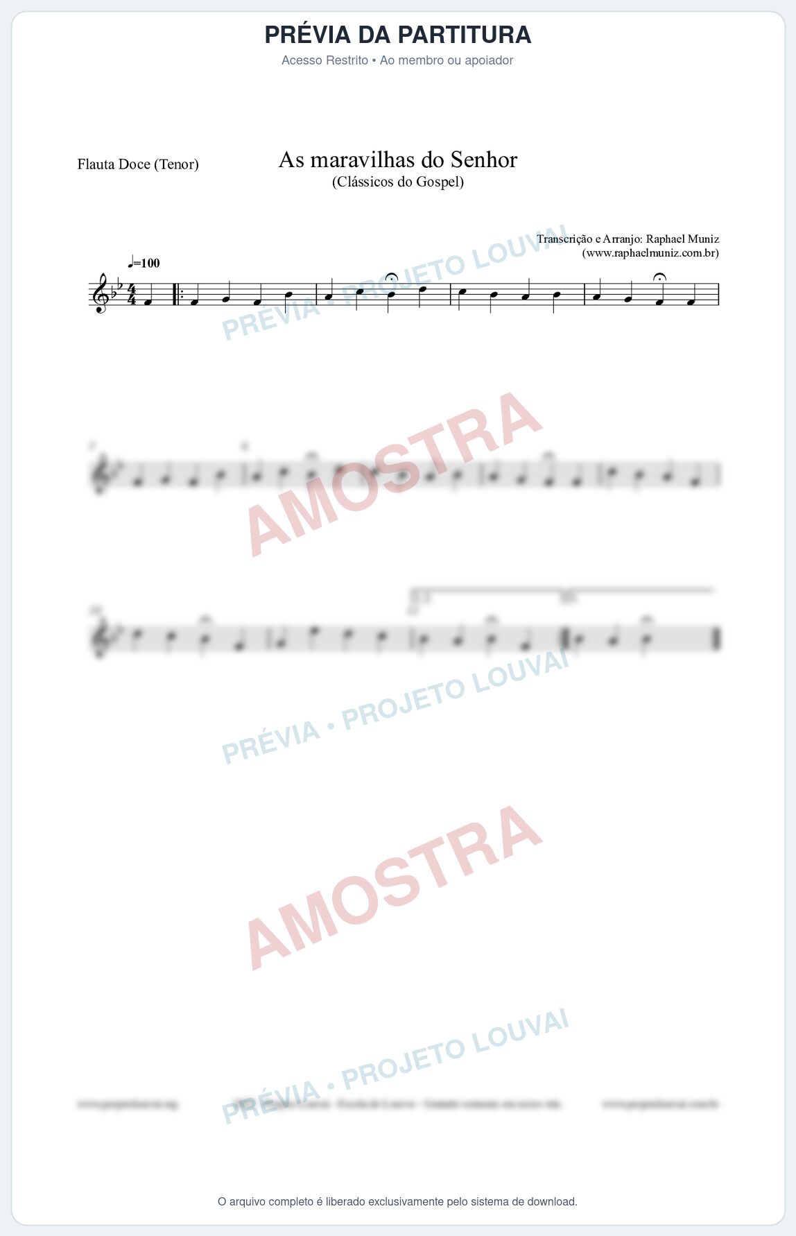 Prévia protegida da primeira página da partitura Partitura para Flauta Doce (Tenor) - As maravilhas do Senhor - Salmos e Hinos nº213 - Clássicos do Gospel