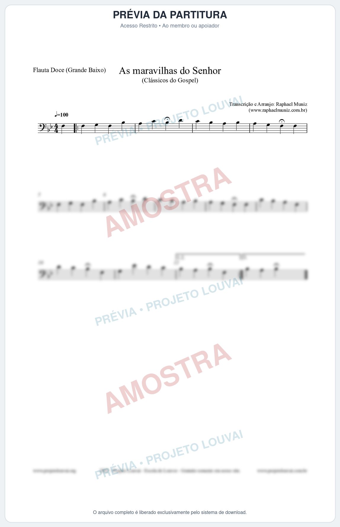 Prévia protegida da primeira página da partitura Partitura para Flauta Doce (Grande Baixo) - As maravilhas do Senhor - Salmos e Hinos nº213 - Clássicos do Gospel