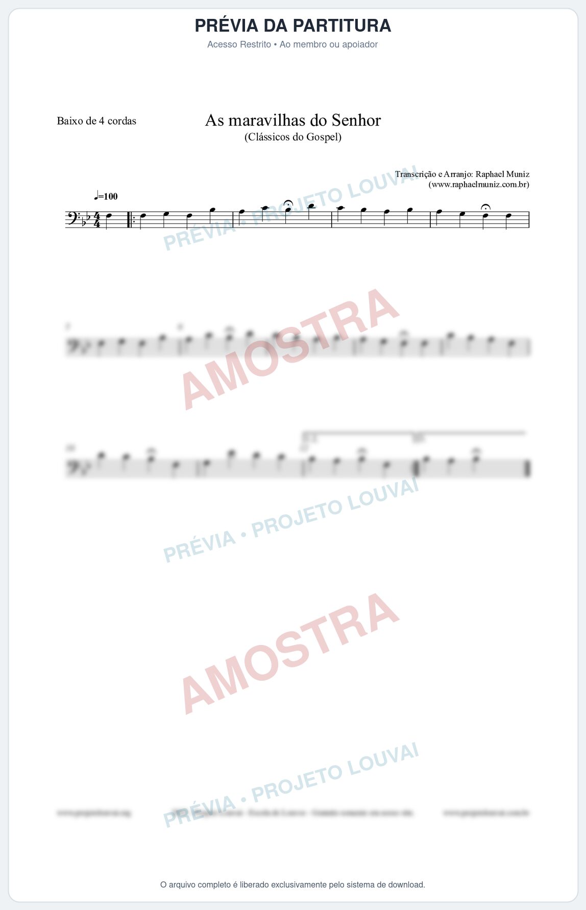 Prévia protegida da primeira página da partitura Partitura para Baixo de 4 cordas - As maravilhas do Senhor - Salmos e Hinos nº213 - Clássicos do Gospel