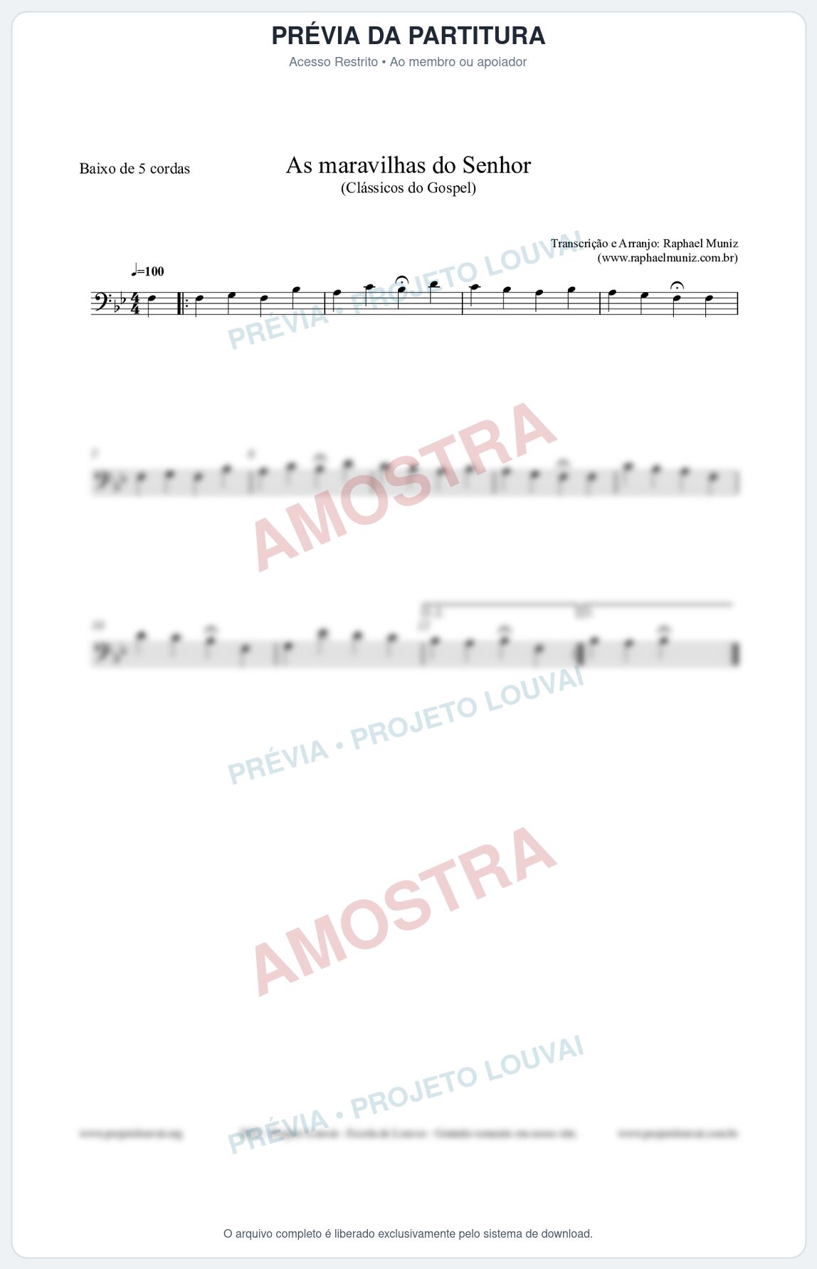 Prévia protegida da primeira página da partitura Partitura para Baixo de 5 cordas - As maravilhas do Senhor - Salmos e Hinos nº213 - Clássicos do Gospel