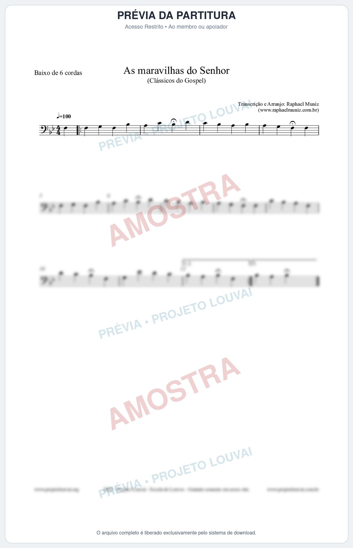 Prévia protegida da primeira página da partitura Partitura para Baixo de 6 cordas - As maravilhas do Senhor - Salmos e Hinos nº213 - Clássicos do Gospel