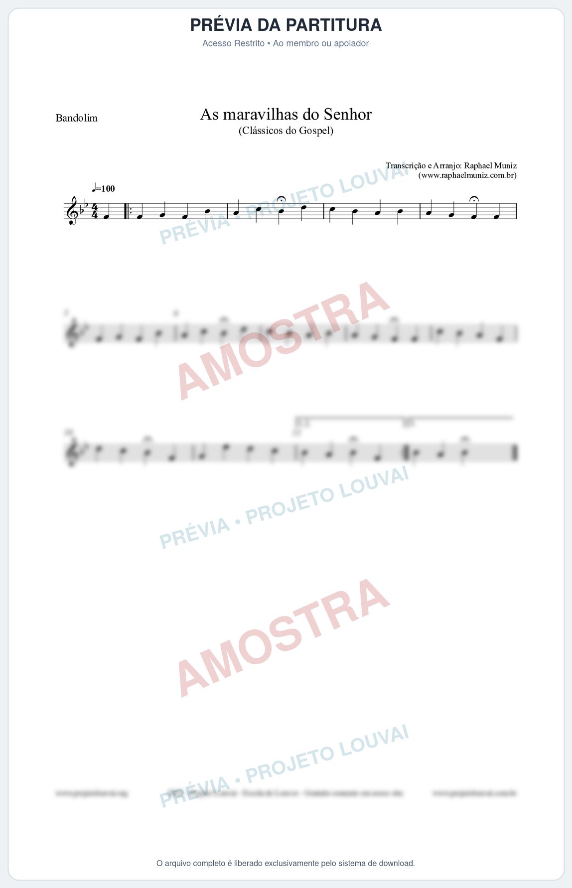 Prévia protegida da primeira página da partitura Partitura para Bandolim - As maravilhas do Senhor - Salmos e Hinos nº213 - Clássicos do Gospel