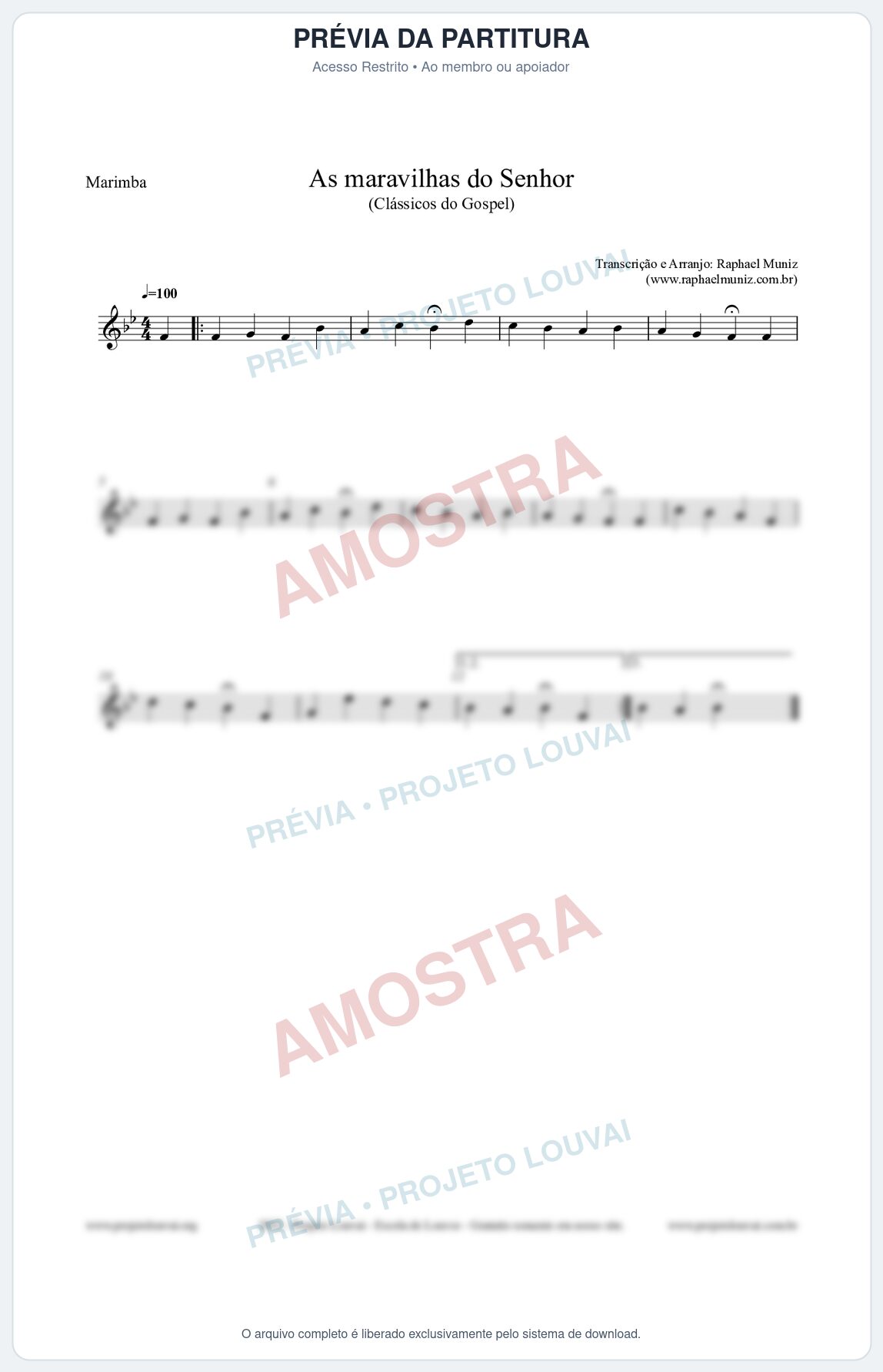 Prévia protegida da primeira página da partitura Partitura para Marimba - As maravilhas do Senhor - Salmos e Hinos nº213 - Clássicos do Gospel