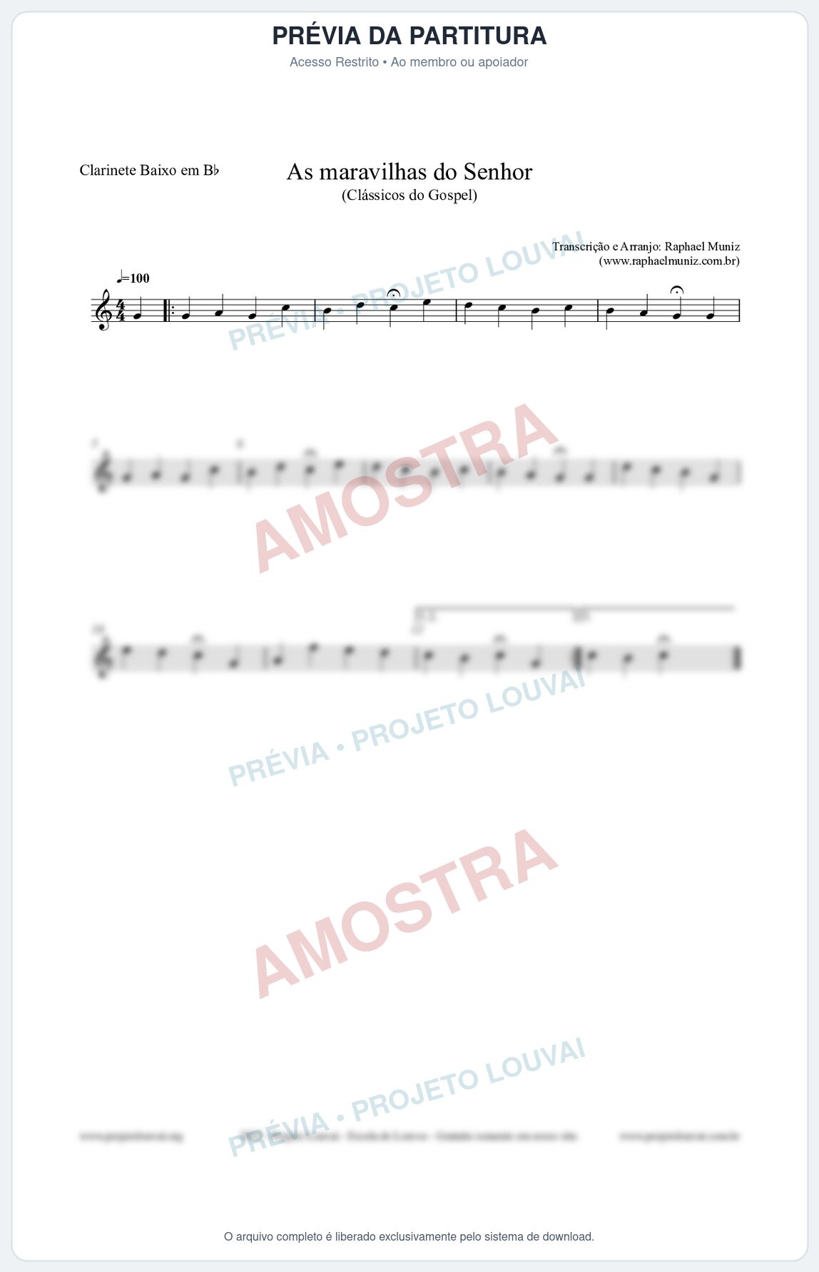 Prévia protegida da primeira página da partitura Partitura para Clarinete Baixo em Bb - As maravilhas do Senhor - Salmos e Hinos nº213 - Clássicos do Gospel